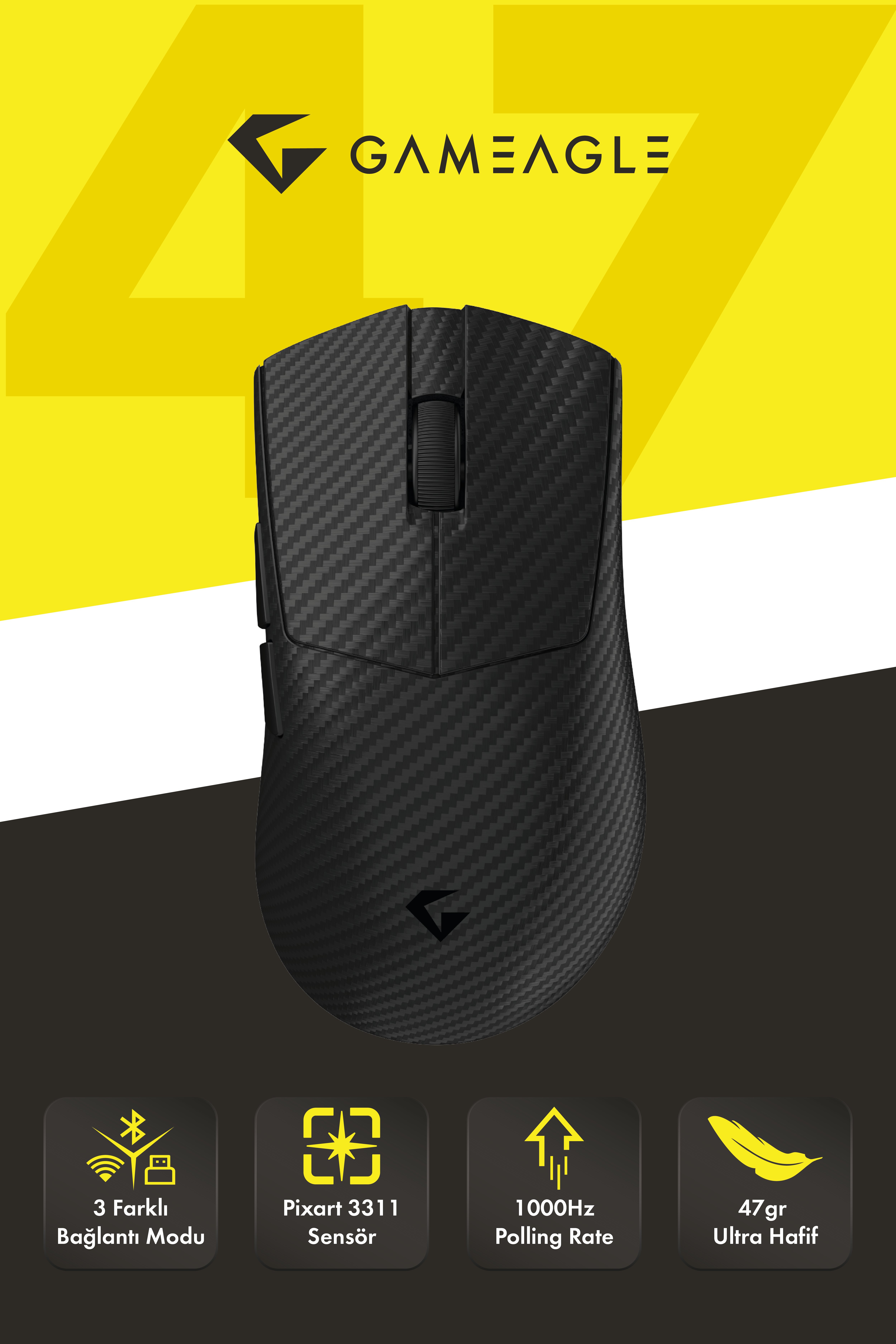 ShadowKnight Kablosuz 2.4Ghz+Bluetooth+Kablolu UltraHafif 47gr 1KHz 12000DPI KarbonFiber OyuncuMouse