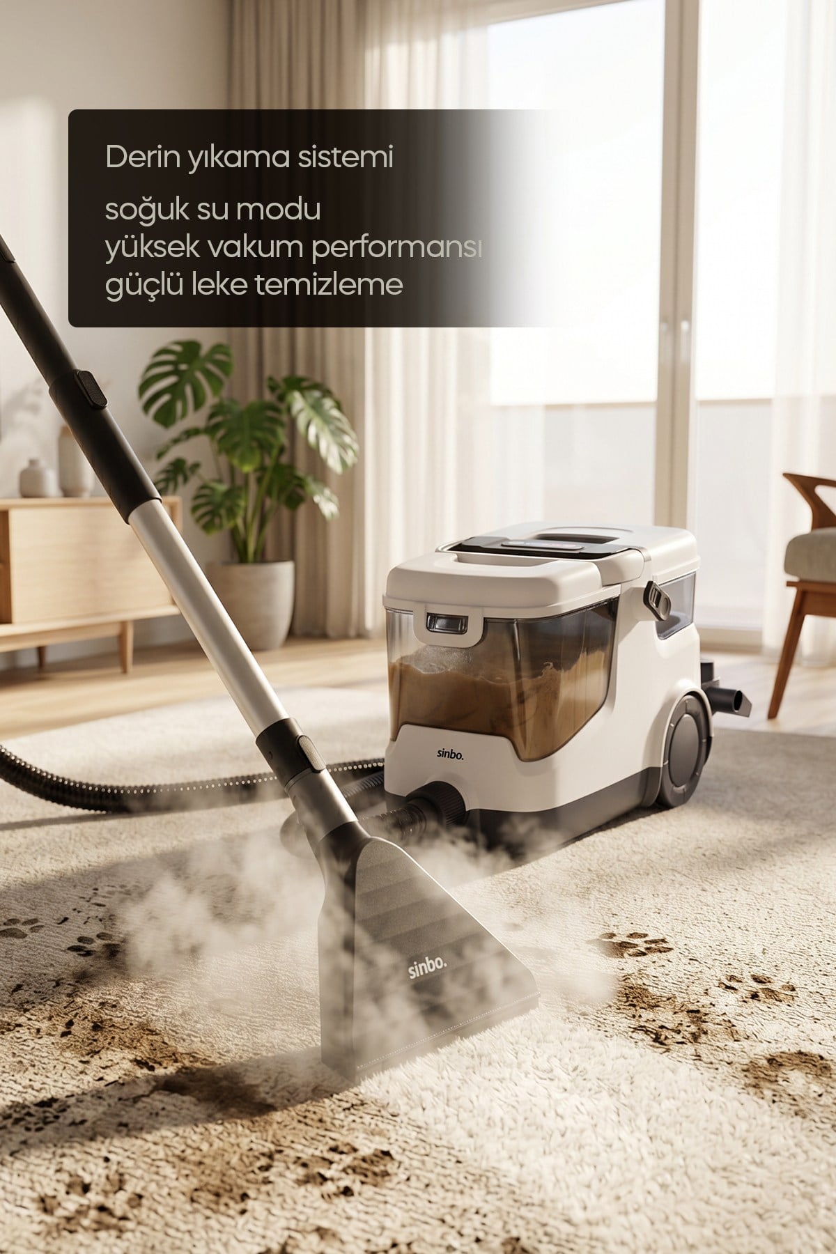 Sinbo SCC-7607 Buharlı Koltuk ve Halı Yıkama Makinesi Derinlemesine Buharlı Temizlik Güçlü Vakum
