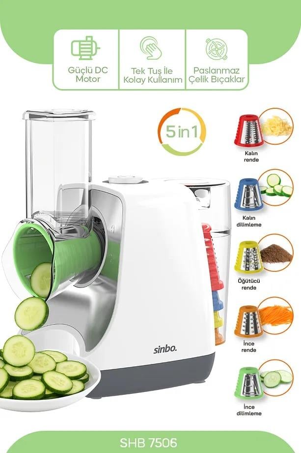 Sinbo SHB-7506 5'i 1 Arada Otomatik Doğrayıcı-Rende- Dilimleme Makinesi