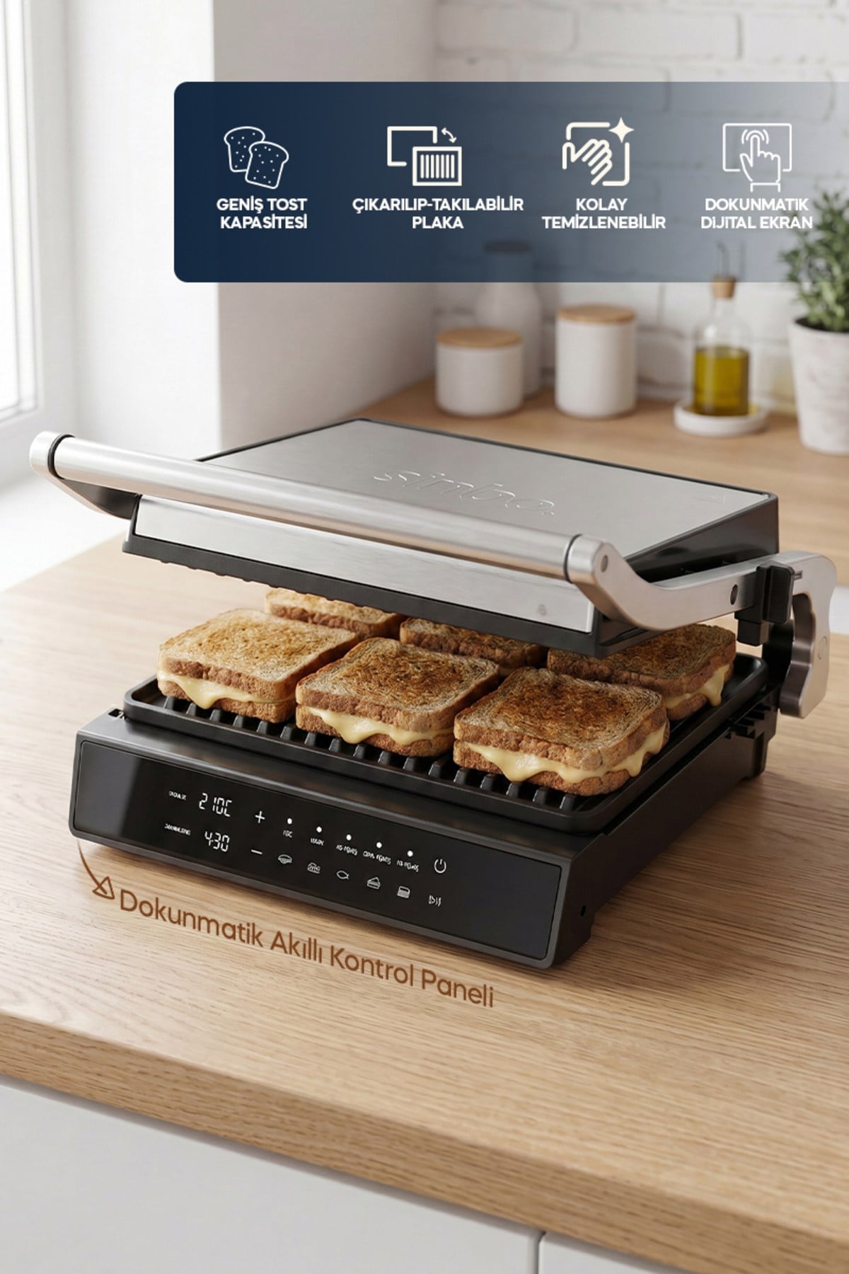 Sinbo SSM-2596 Dijital Ekranlı Sıcaklık ve Zaman Göstergeli Döküm Izgara ve Tost Makinesi 2000w