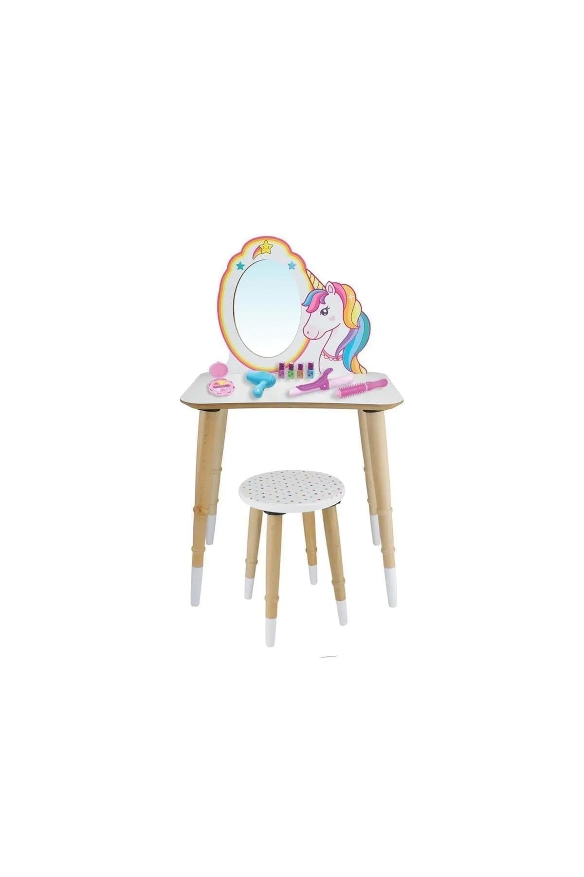 T3004 Ahşap Çocuk Makyaj Masası Tabureli, Unicorn Çocuk Makyaj Masas ÇG74ı