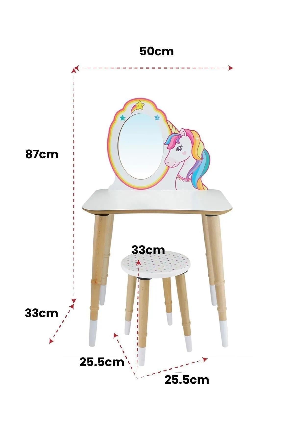 T3004 Ahşap Çocuk Makyaj Masası Tabureli, Unicorn Çocuk Makyaj Masas ÇG74ı