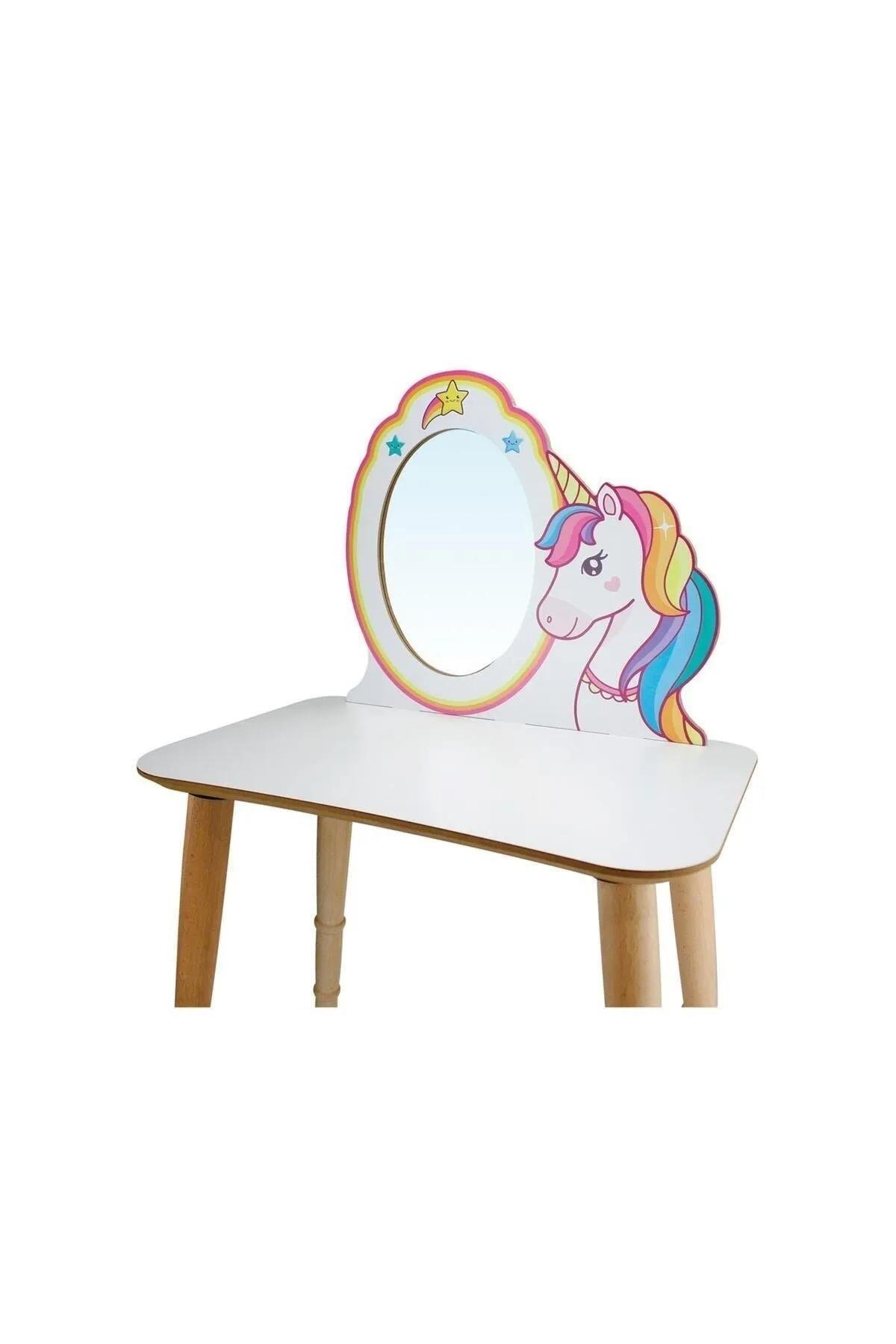 T3004 Ahşap Çocuk Makyaj Masası Tabureli, Unicorn Çocuk Makyaj Masas ÇG74ı