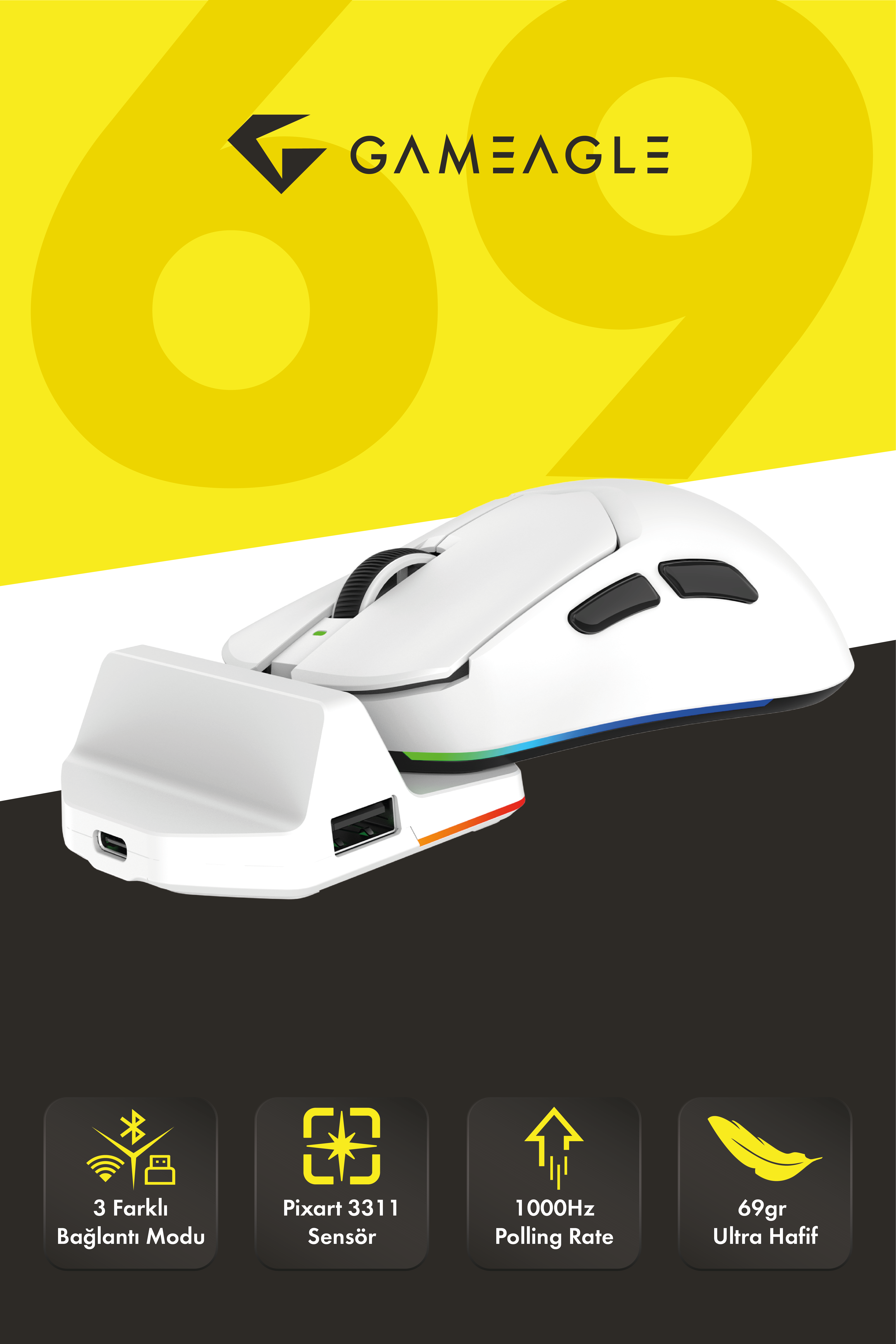 Tracker Pro RGB Kablosuz2.4Ghz+Bluetooth+Kablolu+Dock Şarj İstasyonlu 69gr 1KHz 12000DPI OyuncuMouse