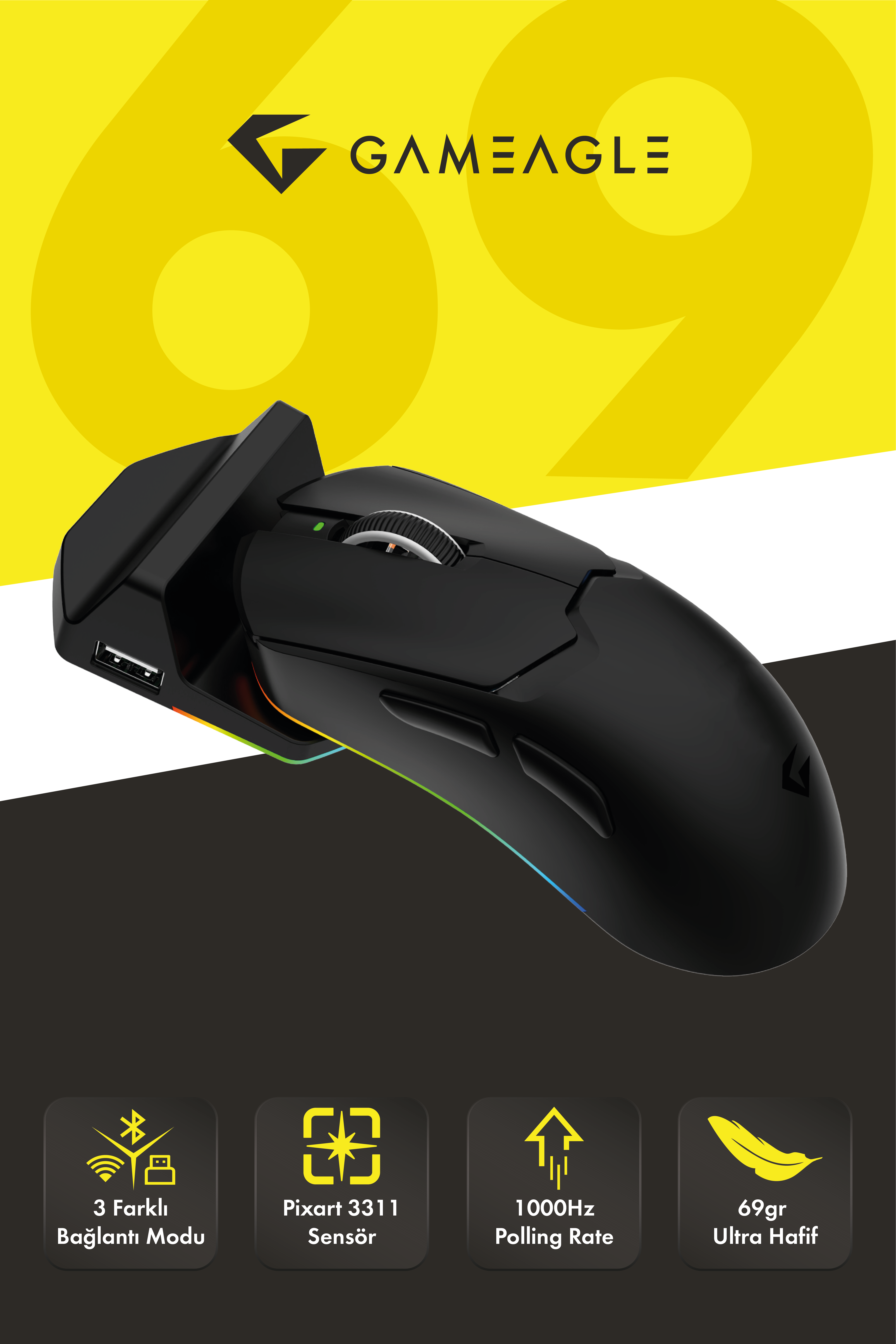 Tracker Pro RGB Kablosuz2.4Ghz+Bluetooth+Kablolu+Dock Şarj İstasyonlu 69gr 1KHz 12000DPI OyuncuMouse