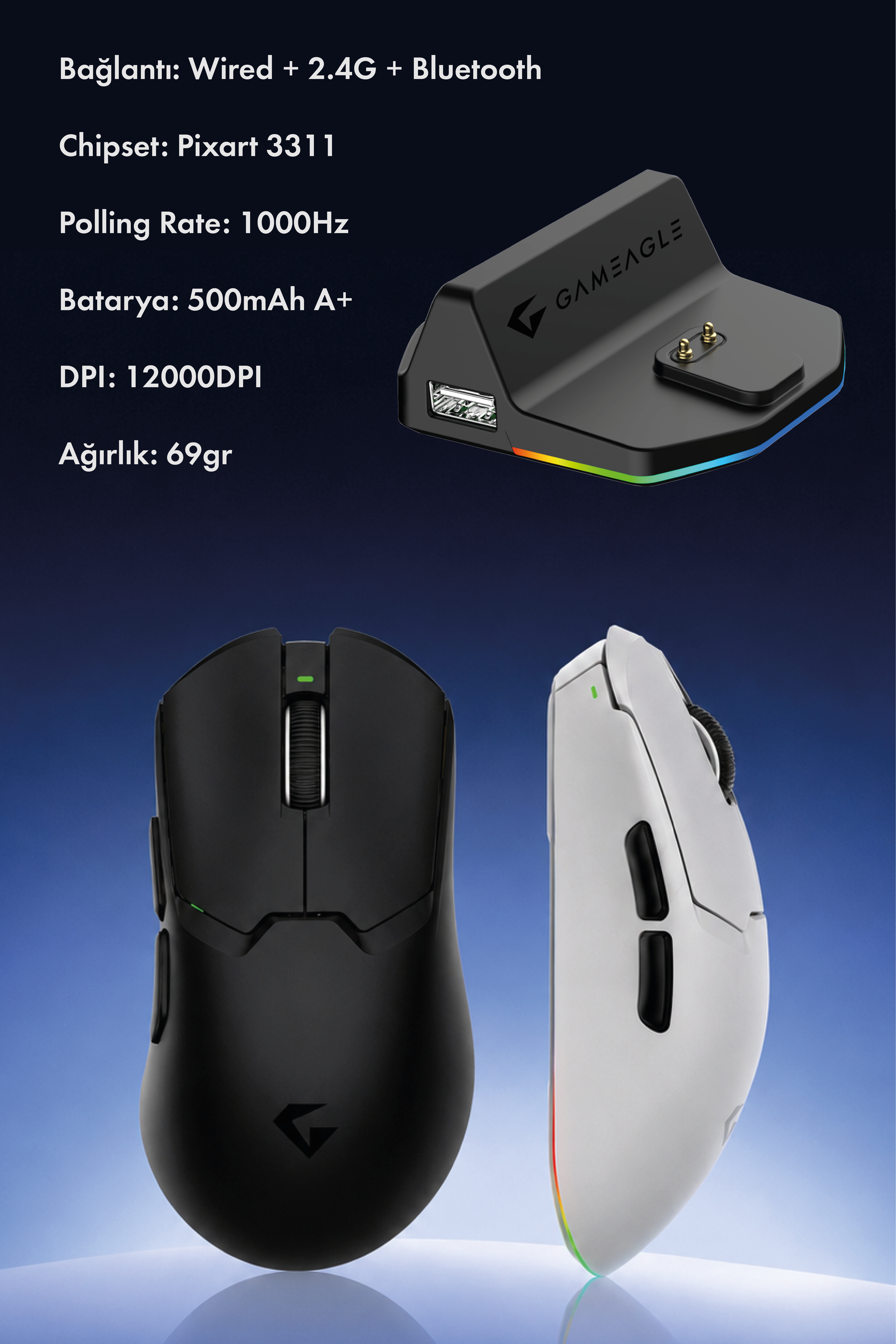 Tracker Pro RGB Kablosuz2.4Ghz+Bluetooth+Kablolu+Dock Şarj İstasyonlu 69gr 1KHz 12000DPI OyuncuMouse