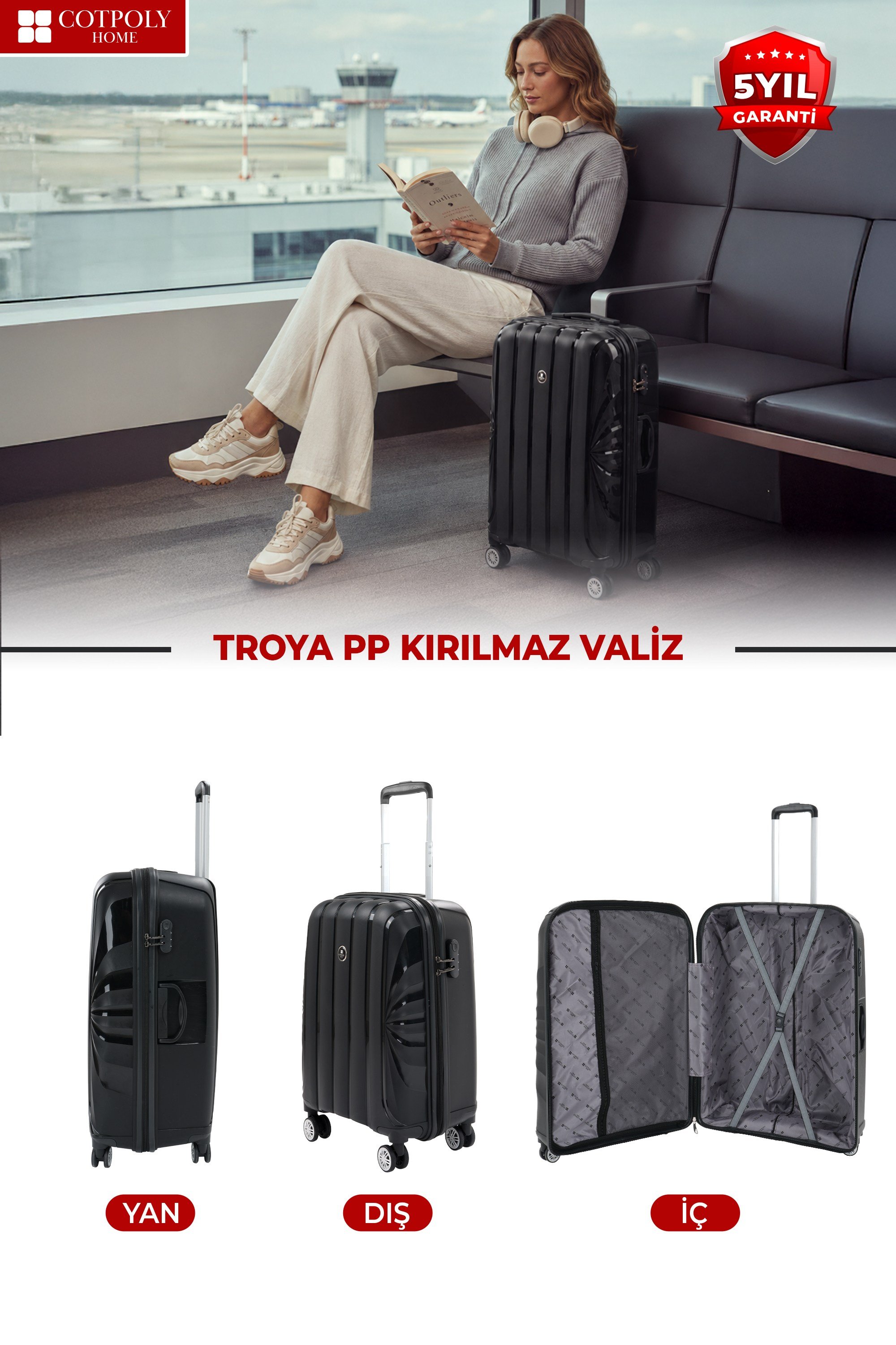 Troya Polipropilen PP Kırılmaz 2'li Valiz Seti Orta ve Kabin Boy 360° Döner Sessiz Tekerlekli Siyah