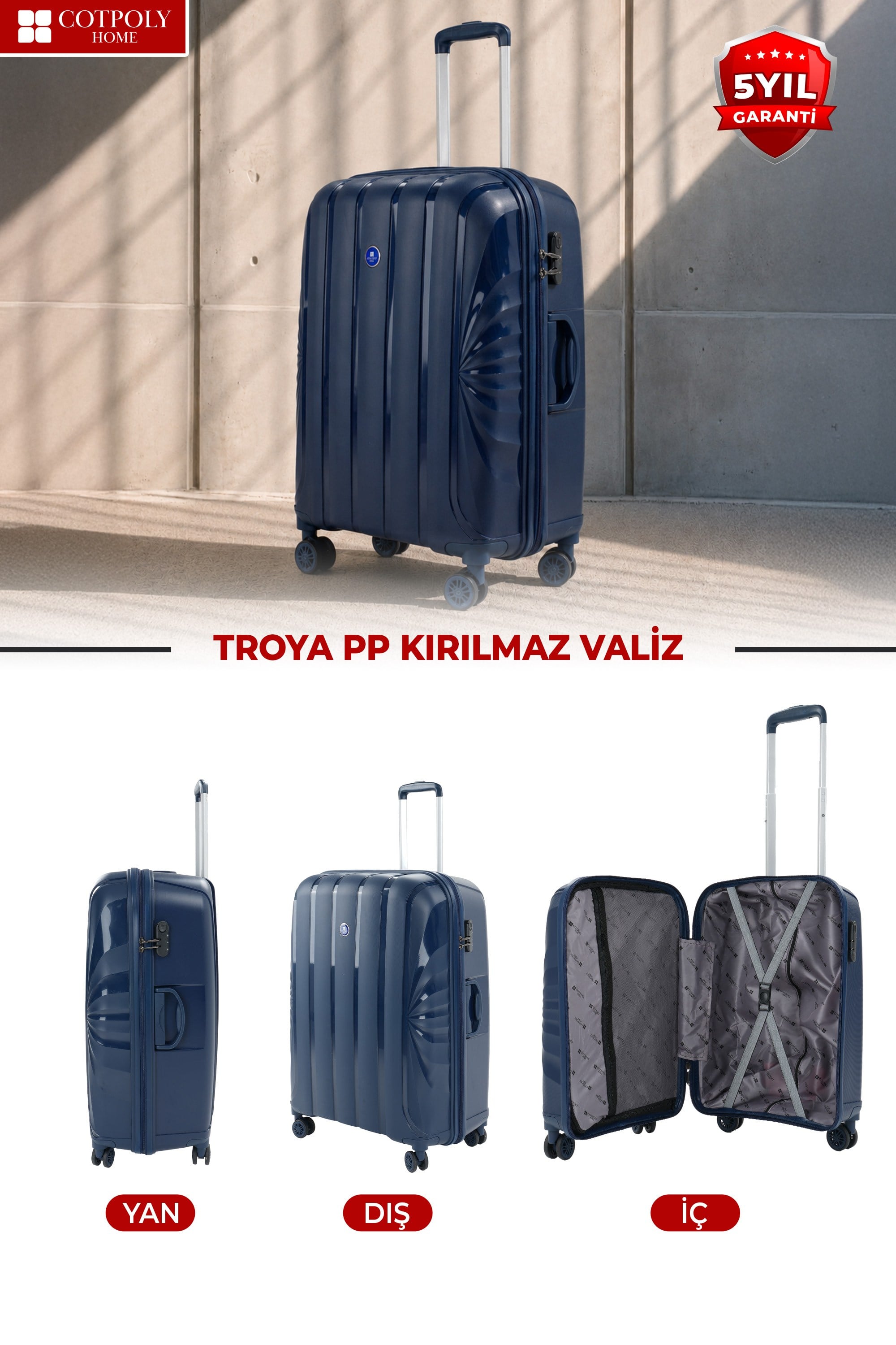 Troya PP Polipropilen Kırılmaz Orta  Boy Valiz –  360° Döner Sessiz Tekerlekli 