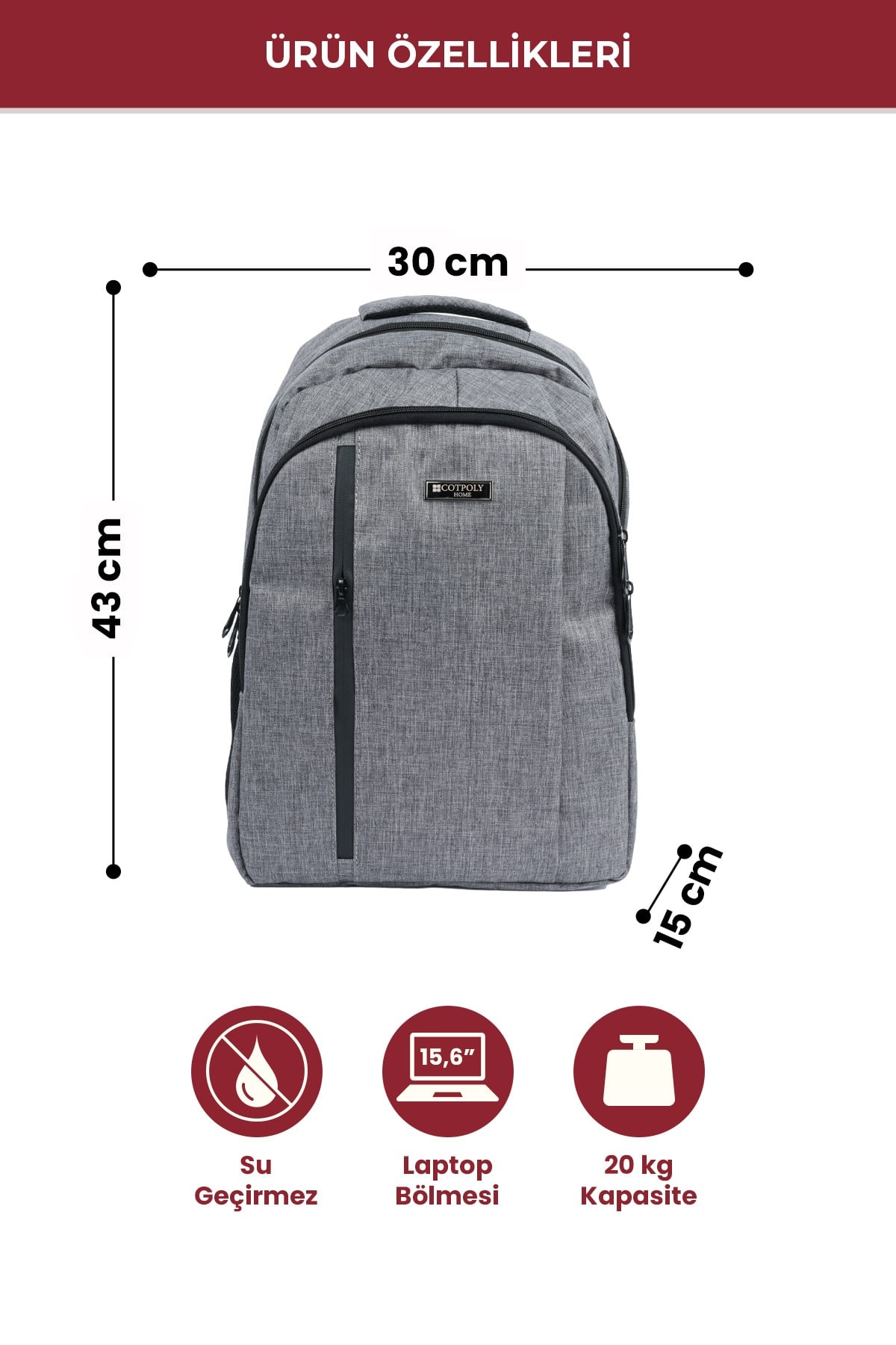 TULPAR 15.6 İnç Laptop Sırt Çantası Su Geçirmez Notebook ve Bilgisayar Çantası