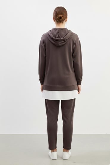 Kahve Kapüşonlu Fermuarlı Tunik Pantolon Takımı