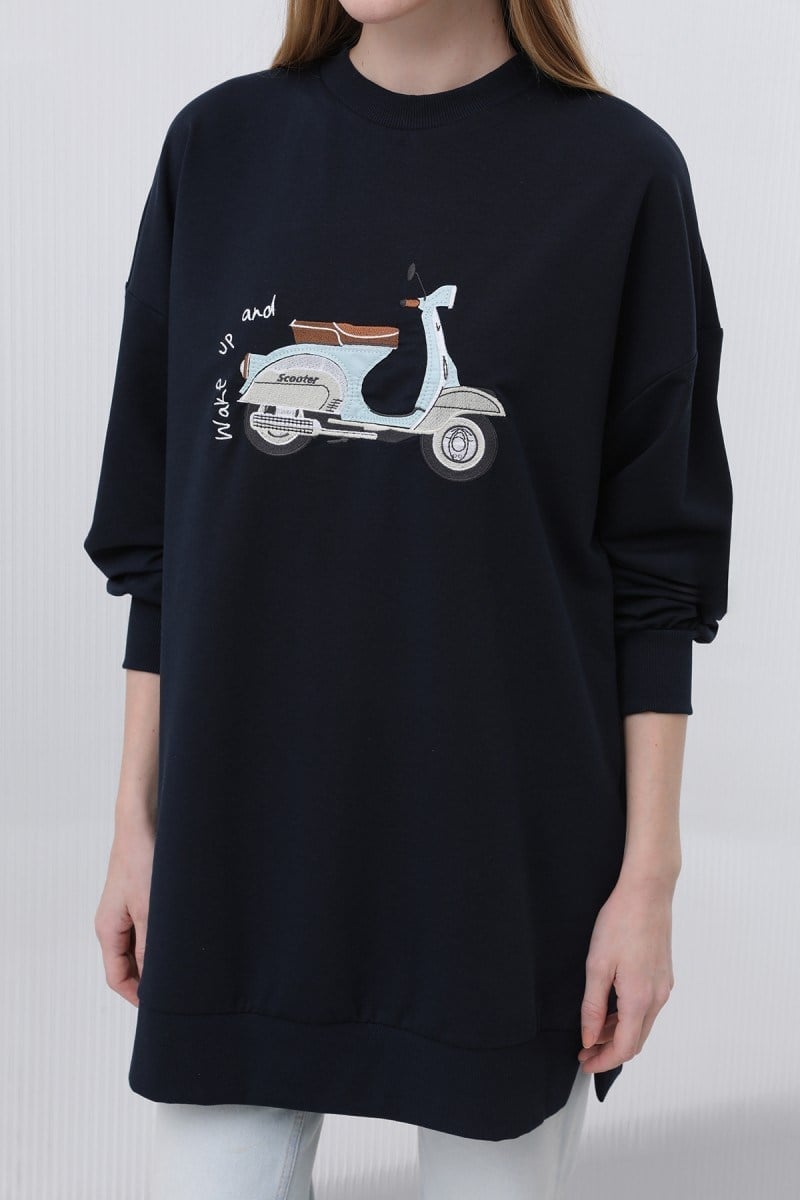 Lacivert Scooter Nakış İşlemeli Tunik