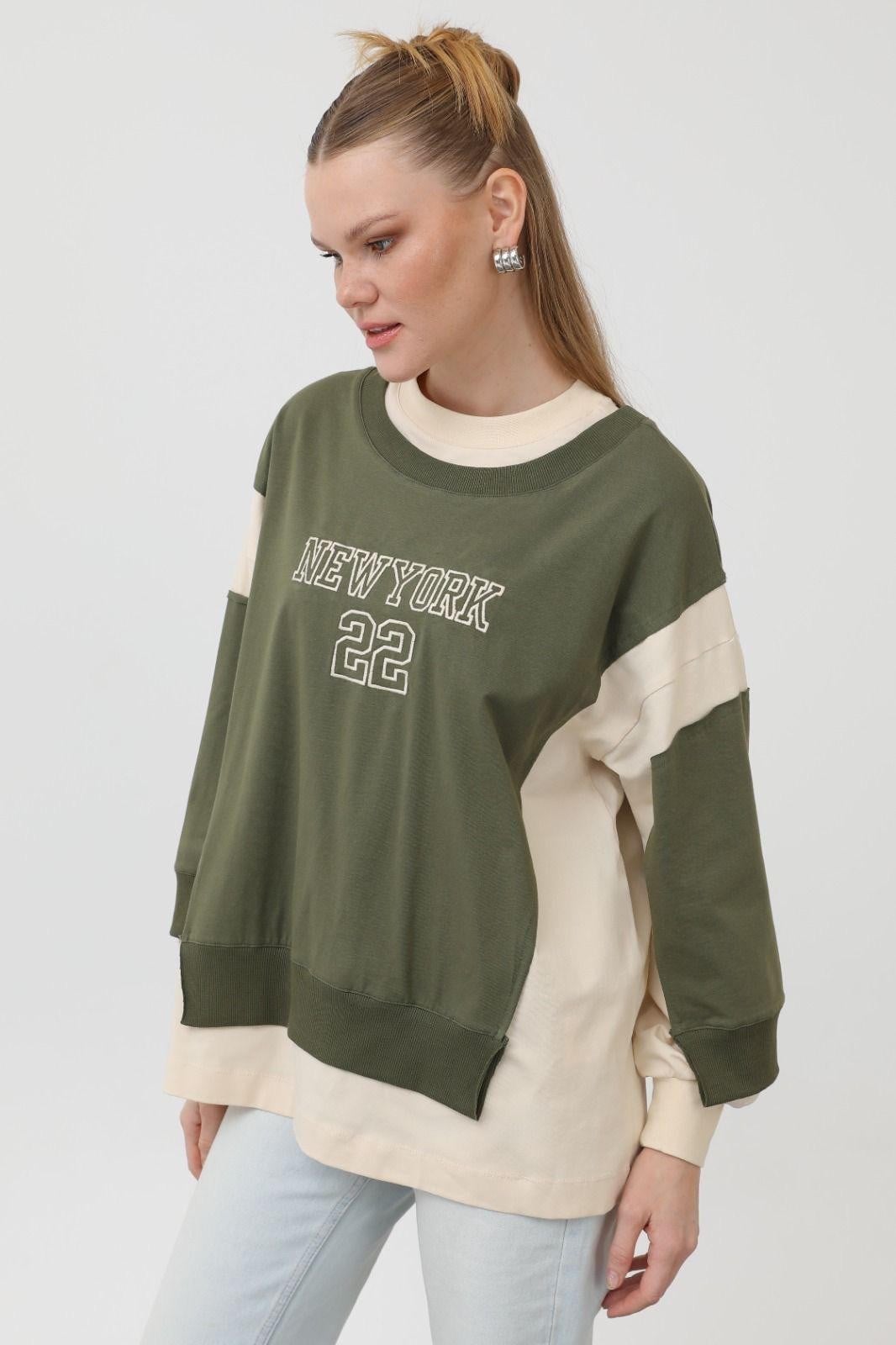 Önü Nakışlı Haki-Bej Sweat