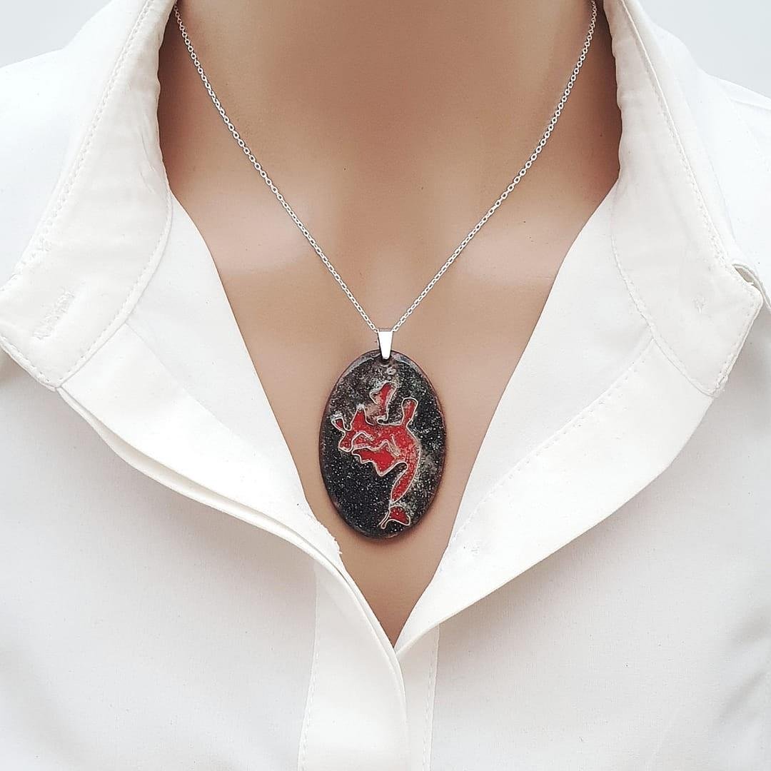 Cloisonné Ağaç Kolye Kırmızı Gümüş Zincirli