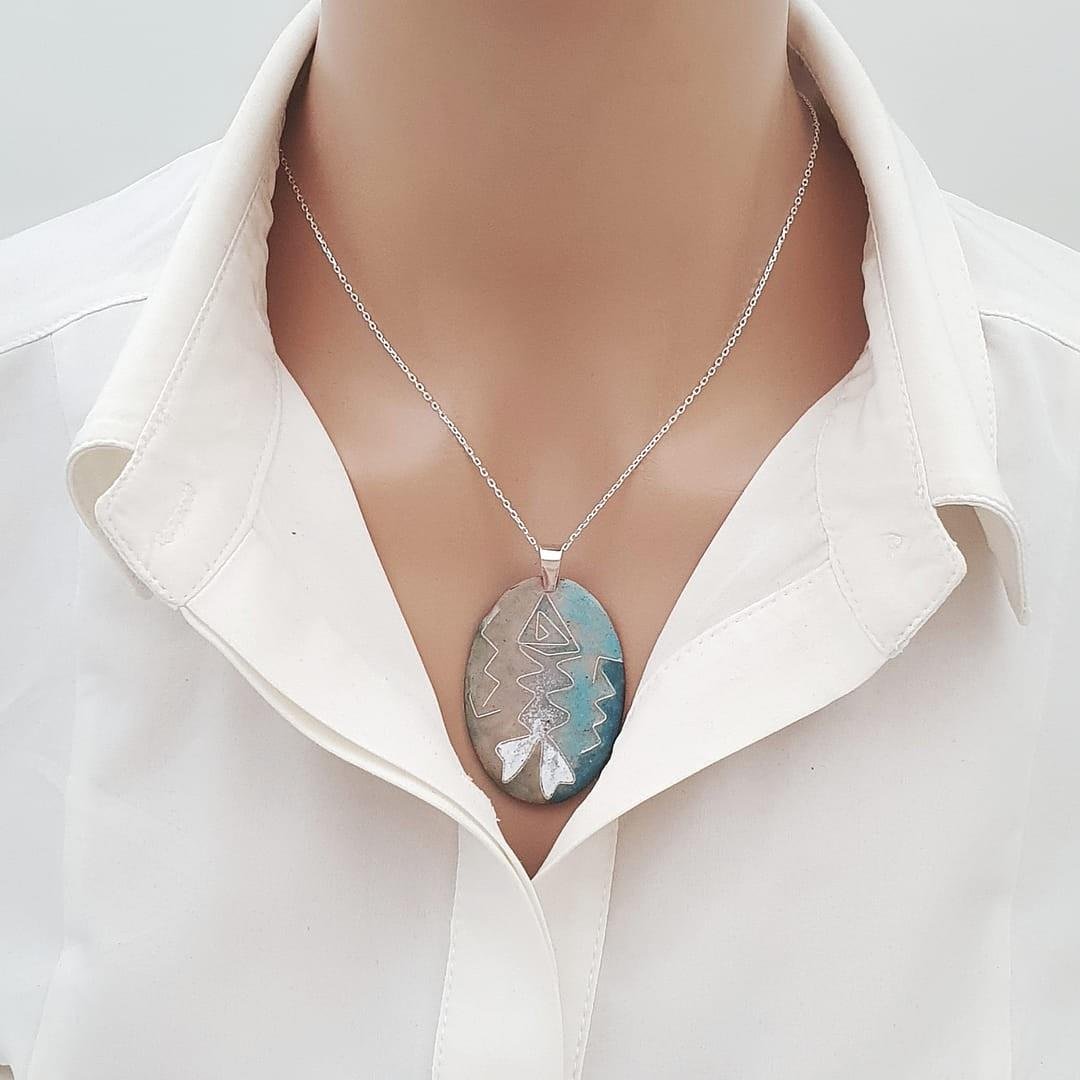 Cloisonné Balık Kolye Turkuaz Gri Gümüş Zincirli