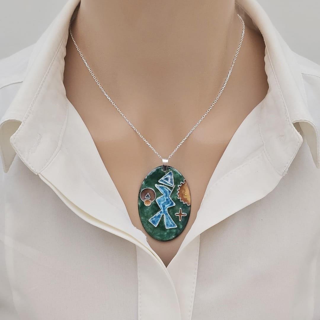 Cloisonné Balık Kolye Yeşil Mavi Gümüş Zincirli