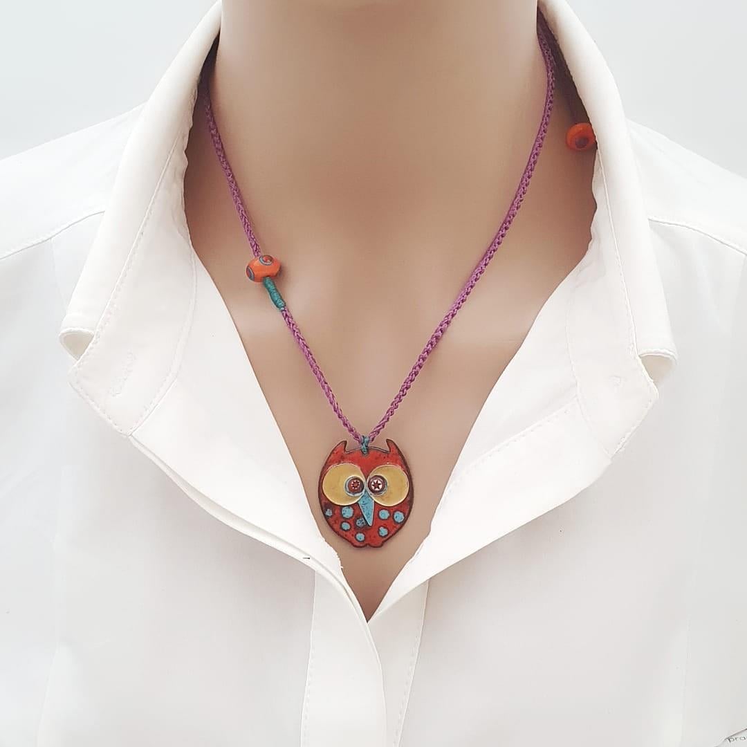 Cloisonné Baykuş Kolye Turuncu Sarı