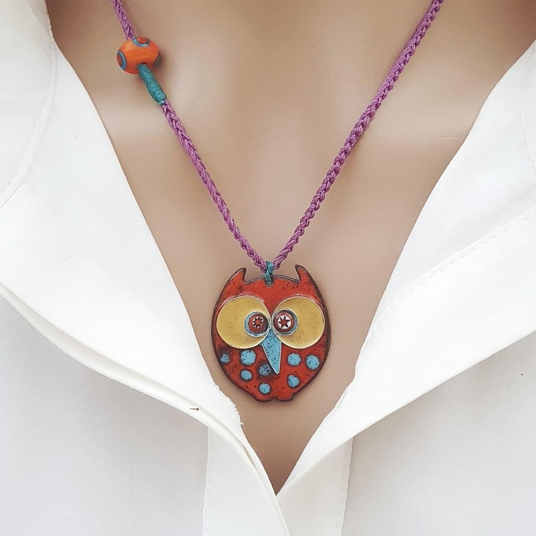 Cloisonné Baykuş Kolye Turuncu Sarı