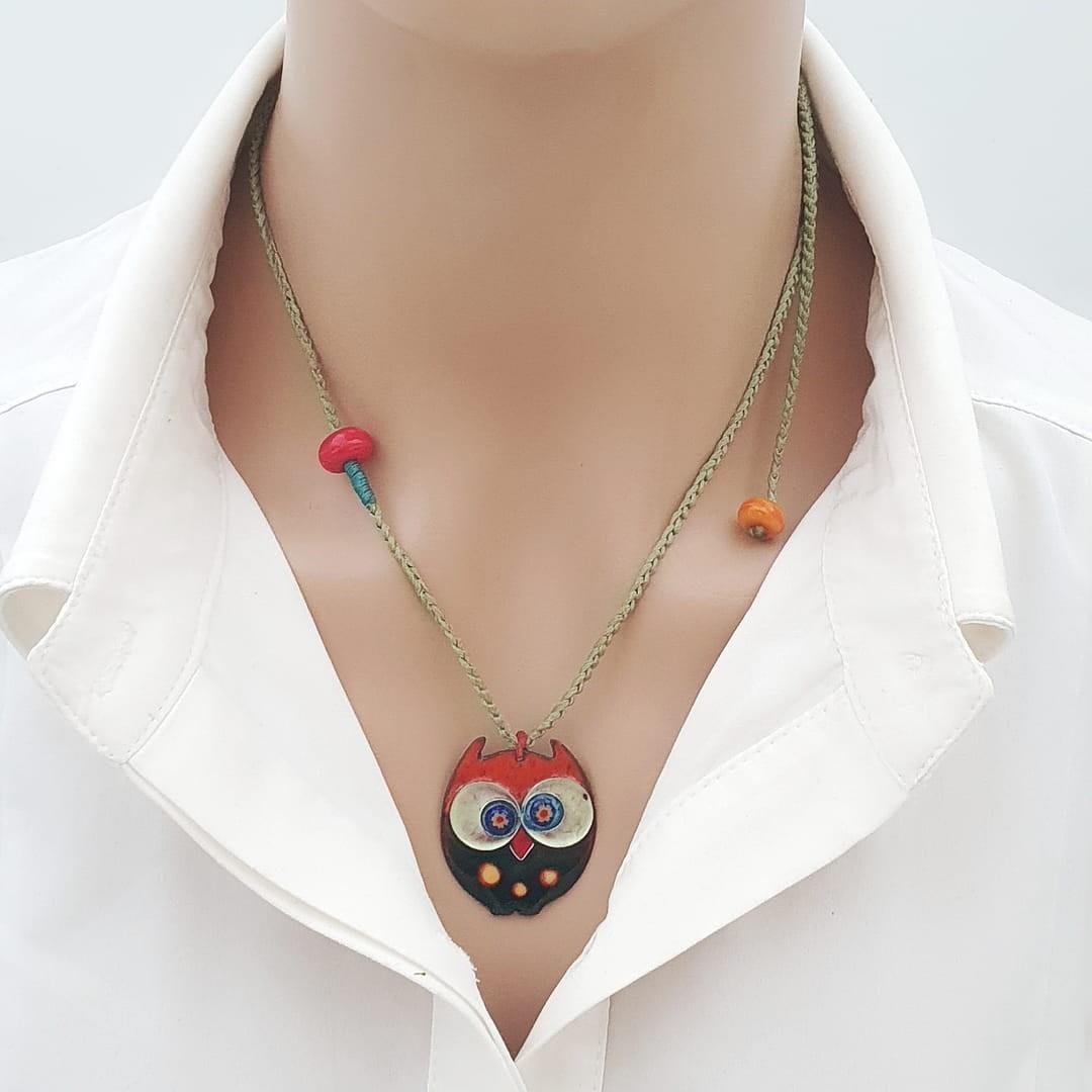 Cloisonné Baykuş Kolye Turuncu Yeşil