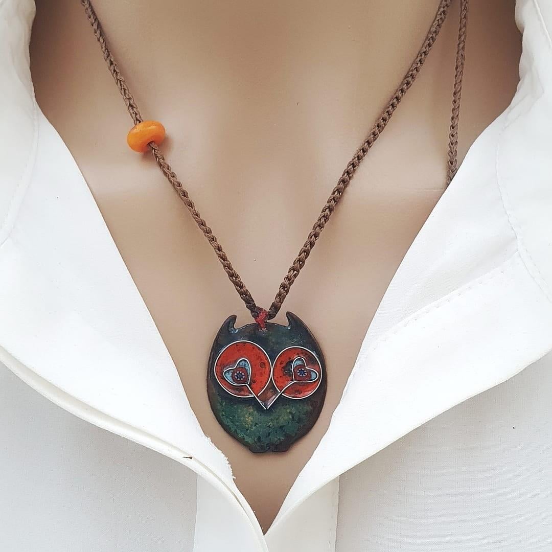 Cloisonné Baykuş Kolye Yeşil Turuncu