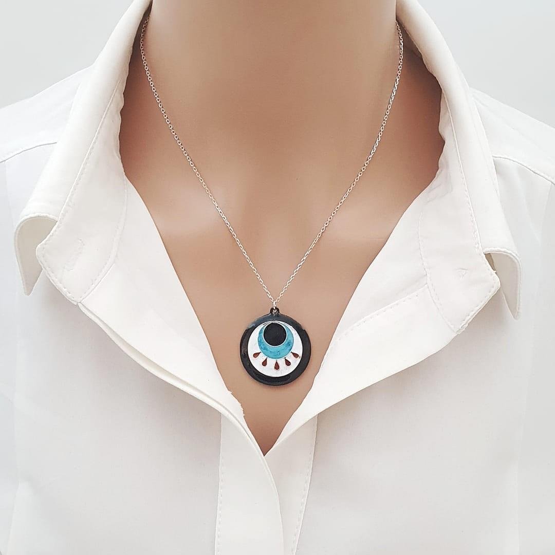 Cloisonné Beşi Bir Yerde Kolye Nazar Gümüş Zincirli