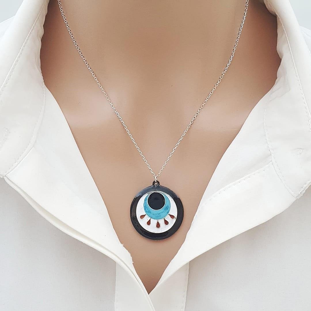 Cloisonné Beşi Bir Yerde Kolye Nazar Gümüş Zincirli