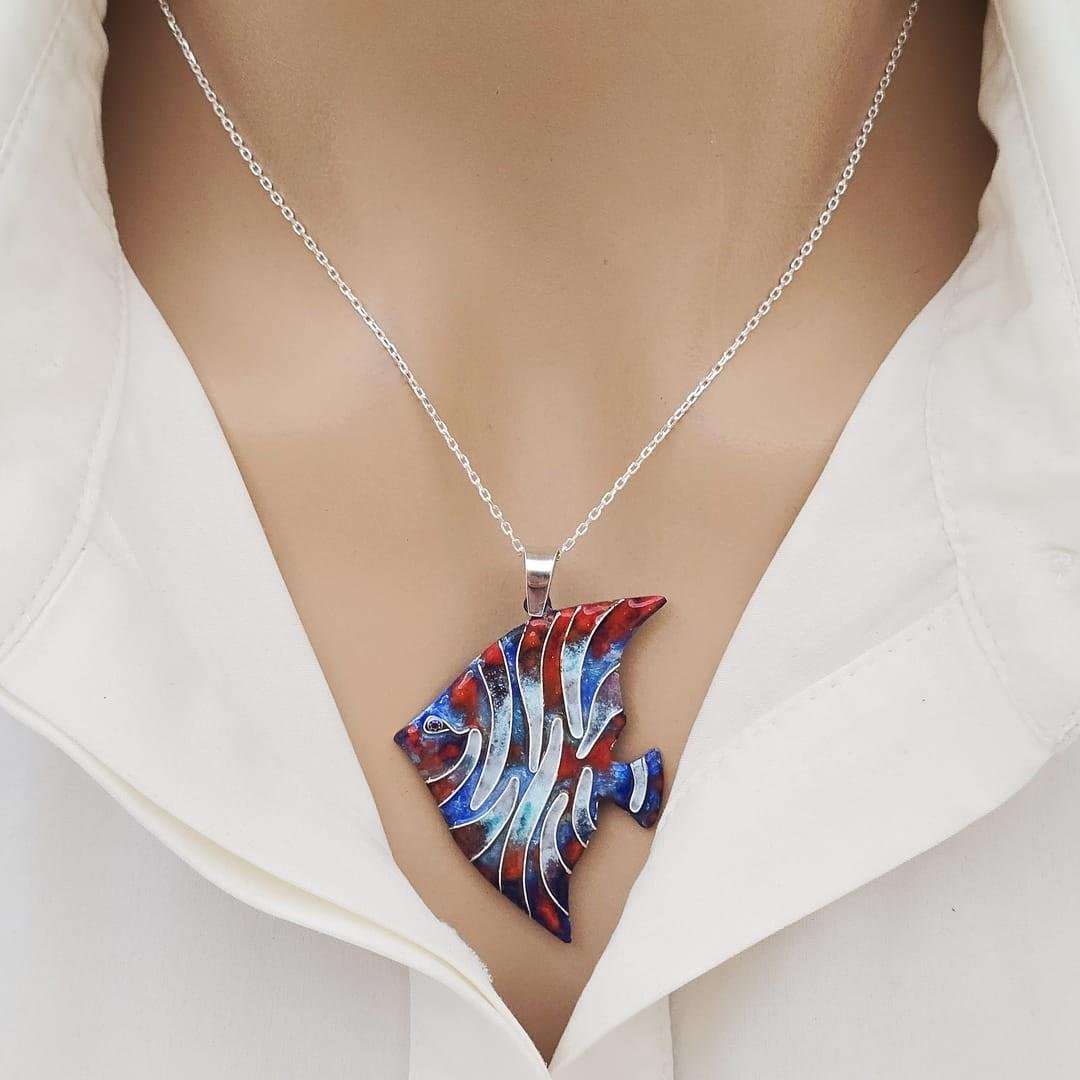 Cloisonné Coral Melek Balığı Kolye Gümüş Zincirli