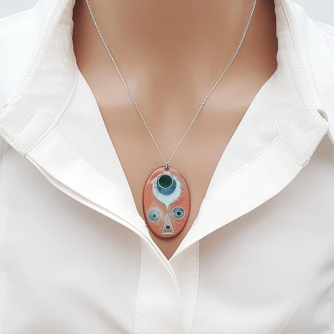 Cloisonné İnka Kolye Turkuaz Gümüş Zincirli