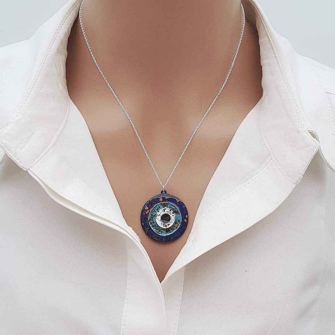 Cloisonné Nazarlık Kolye Turkuaz Dokulu Gümüş Zincirli