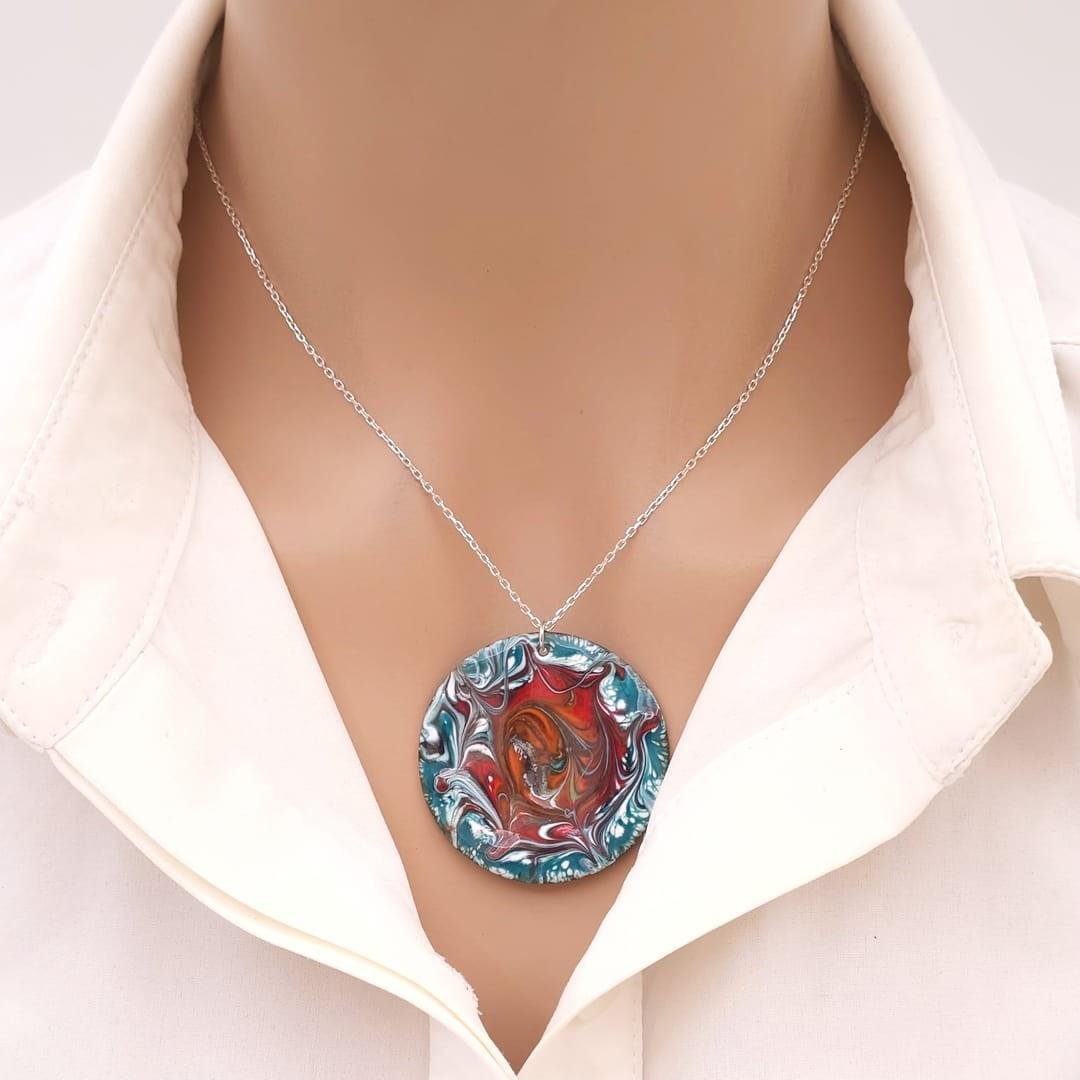 Ebruli Kolye Çift Taraflı Gümüş Zincirli