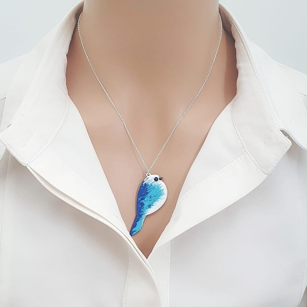 Kuş Kolye Mavi Turkuaz Gümüş Zincirli