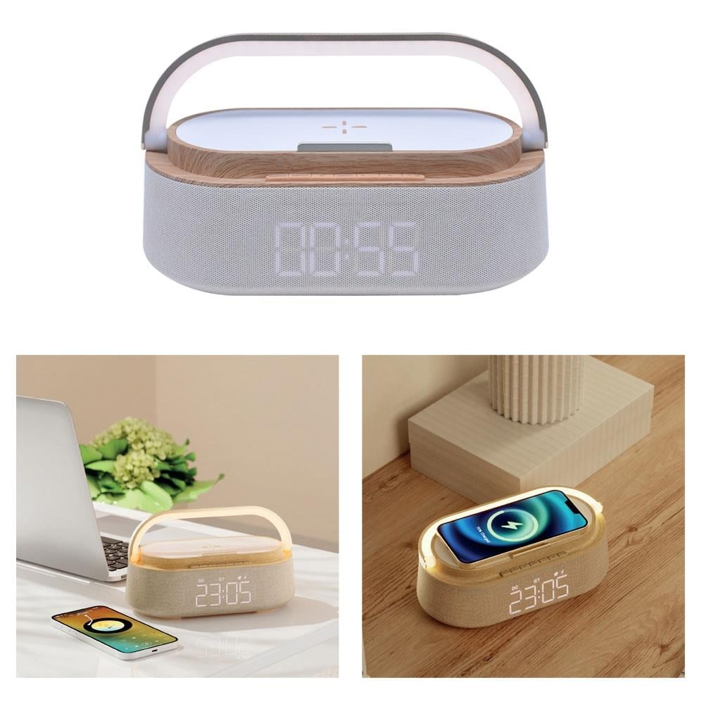 5'i 1 Arada Bluetooth Hoparlör, Kablosuz Şarj, Saat, Telefon Standı, Masa Lambası