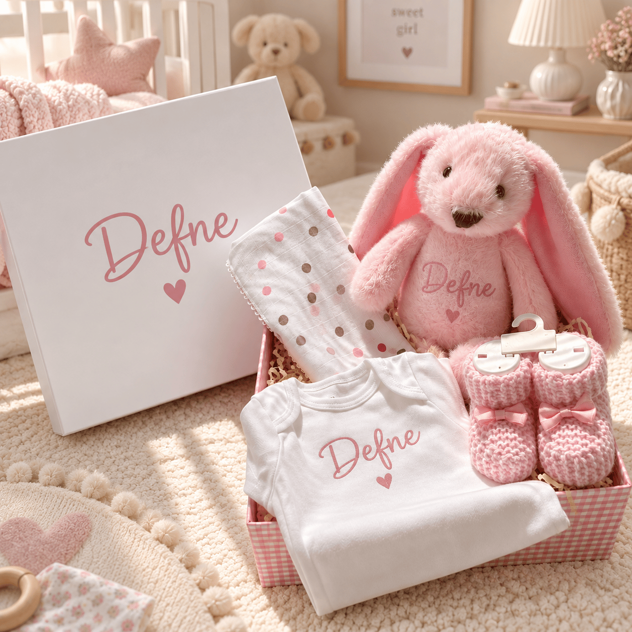 İsme Özel Kız Bebek Hediye Kutusu- Pembe
