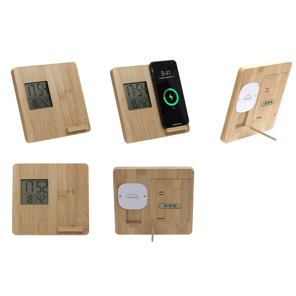 Wireless Mobil Şarj Cihazı ve Bambu Dijital Masa Saati