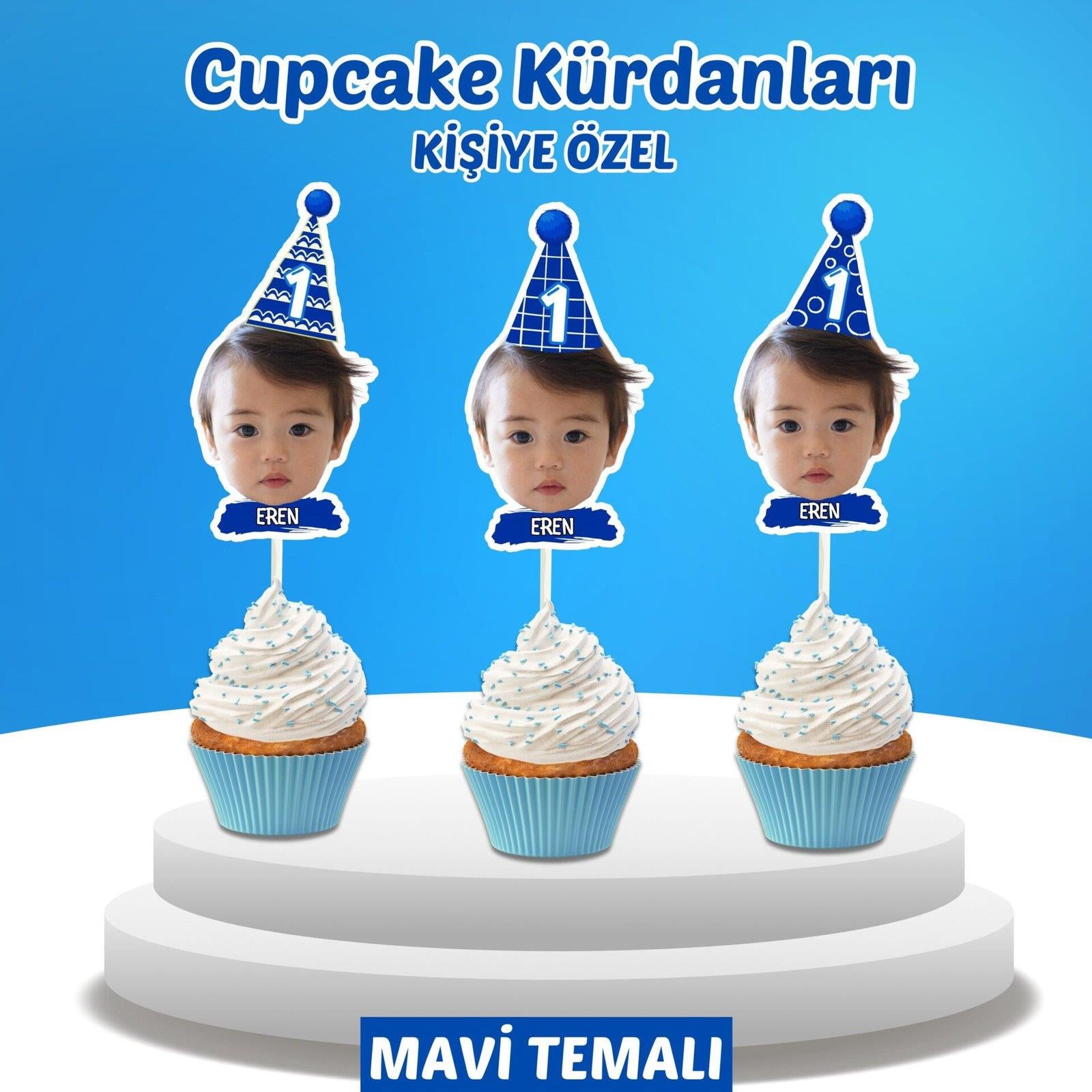 Resimli Cupcake Kürdanı - Mavi Temalı
