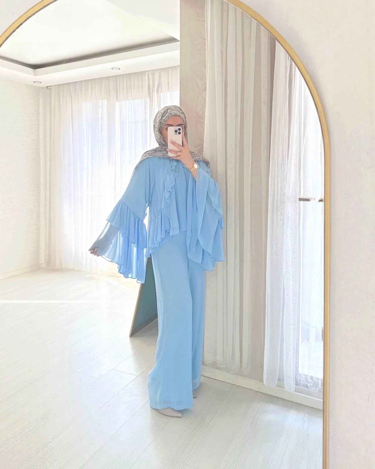 Lina Volan ve Fırfır Detaylı Tasarım Pantolonlu İkili Takım Mavi