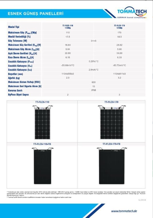 TommaTech 170Wp Flexible(Esnek) Dark Series Güneş Panelleri
