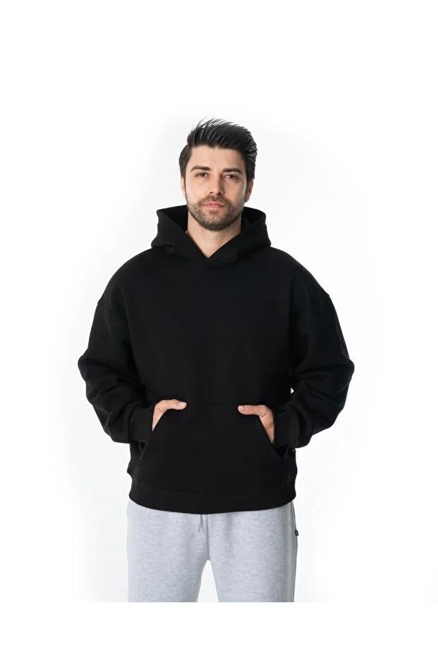 Timshel Erkek Kapüşonlu Kanguru Cepli Sweatshirt – Oversize Hoodie Siyah