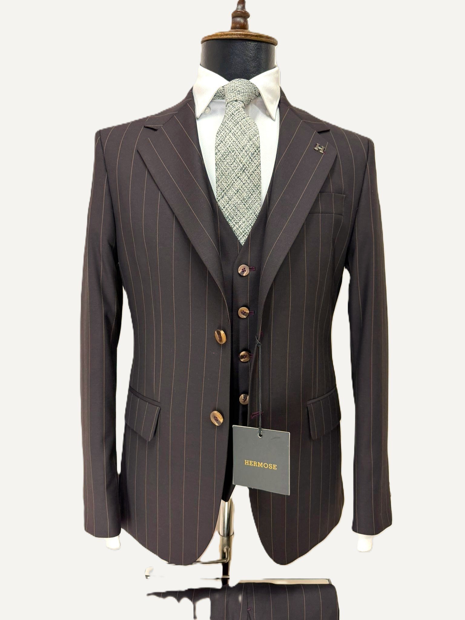 Hermose Bordo Çizgili Modern Fit Yelekli Takım Elbise