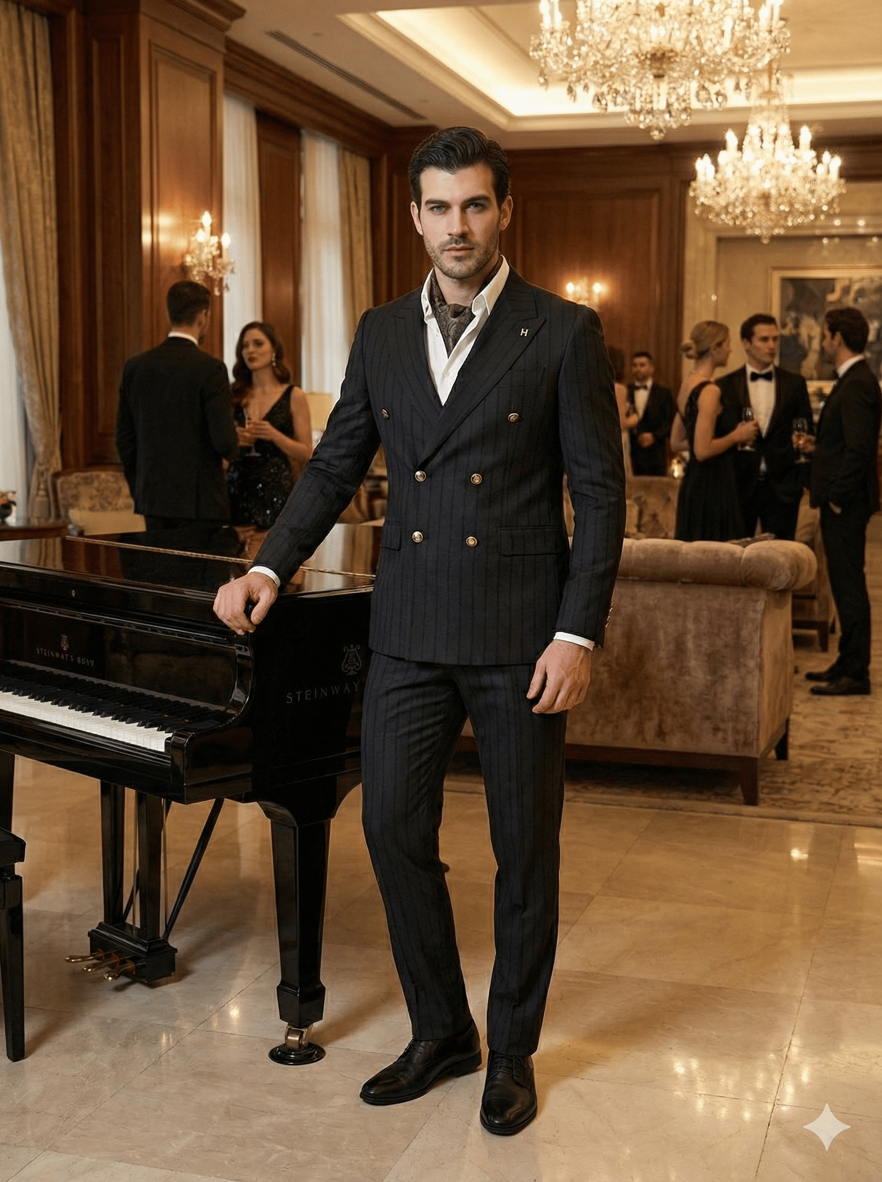 Prestige  | Onyx Siyah Çizgili Metal Düğmeli Kruvaze Takım Elbise