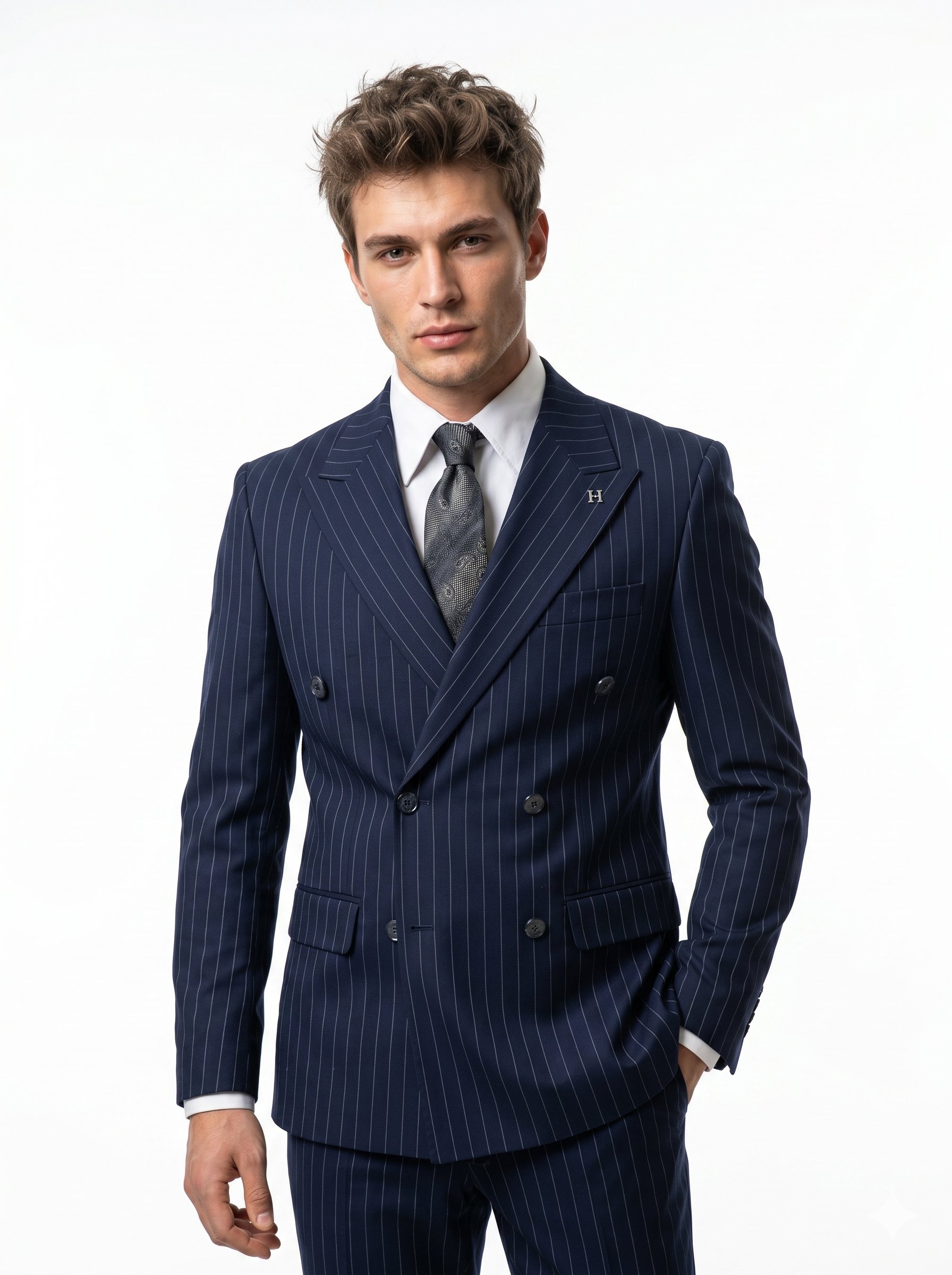 Sartorial | Derin Lacivert Çizgili Kruvaze Takım Elbise