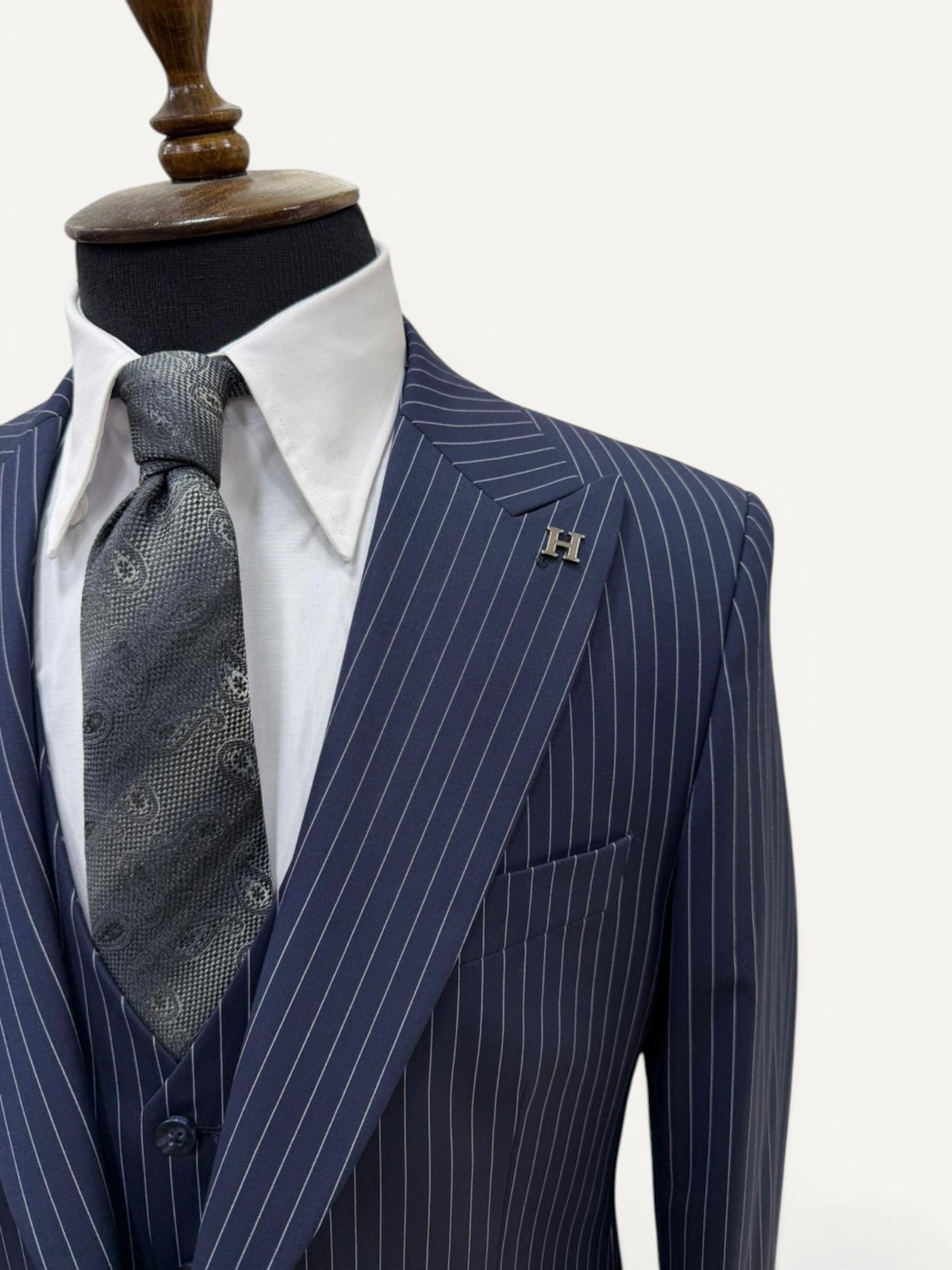 Sartorial | Gece Mavisi Çizgili Yelekli Takım Elbise 
