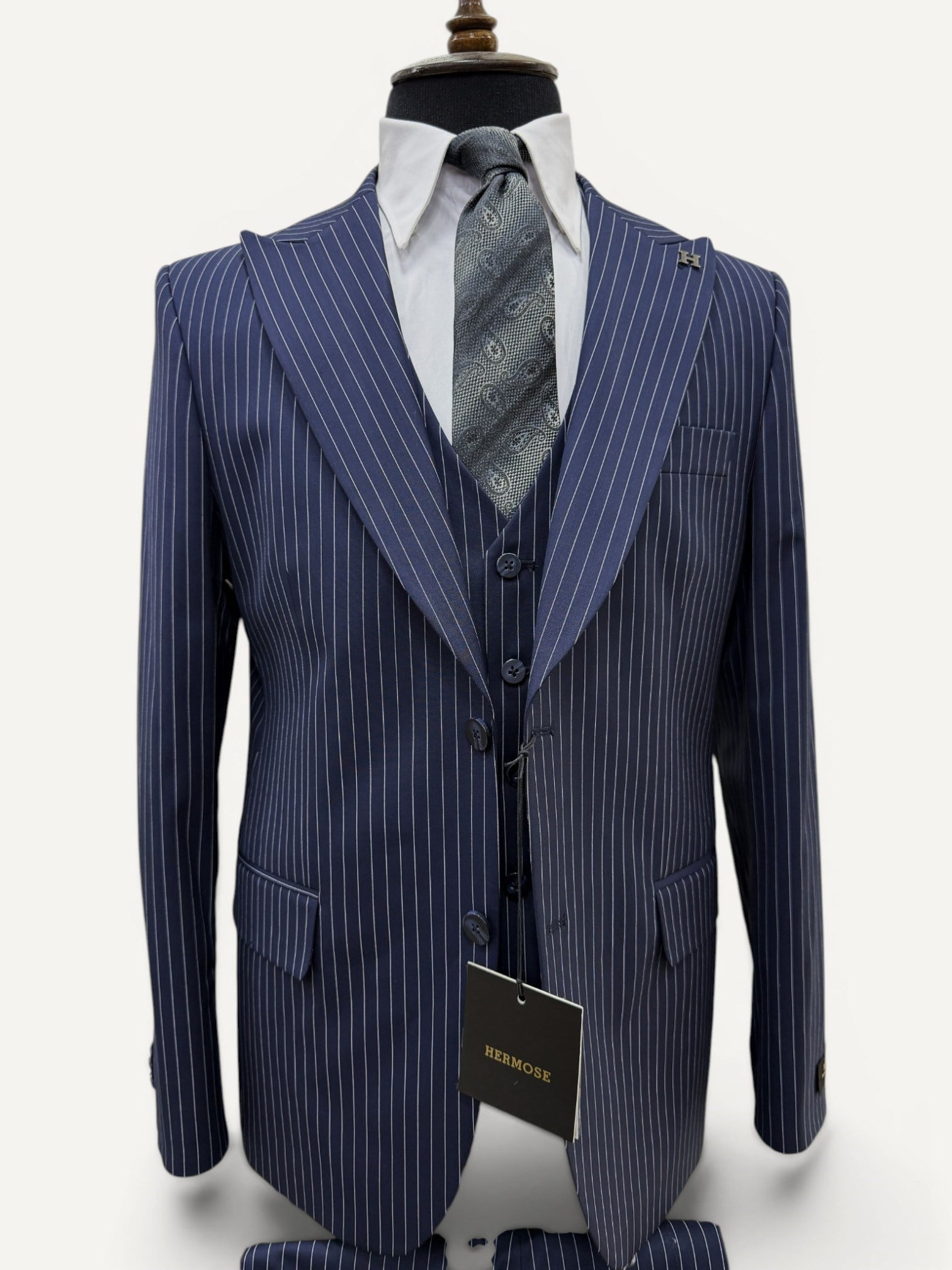 Sartorial | Gece Mavisi Çizgili Yelekli Takım Elbise 