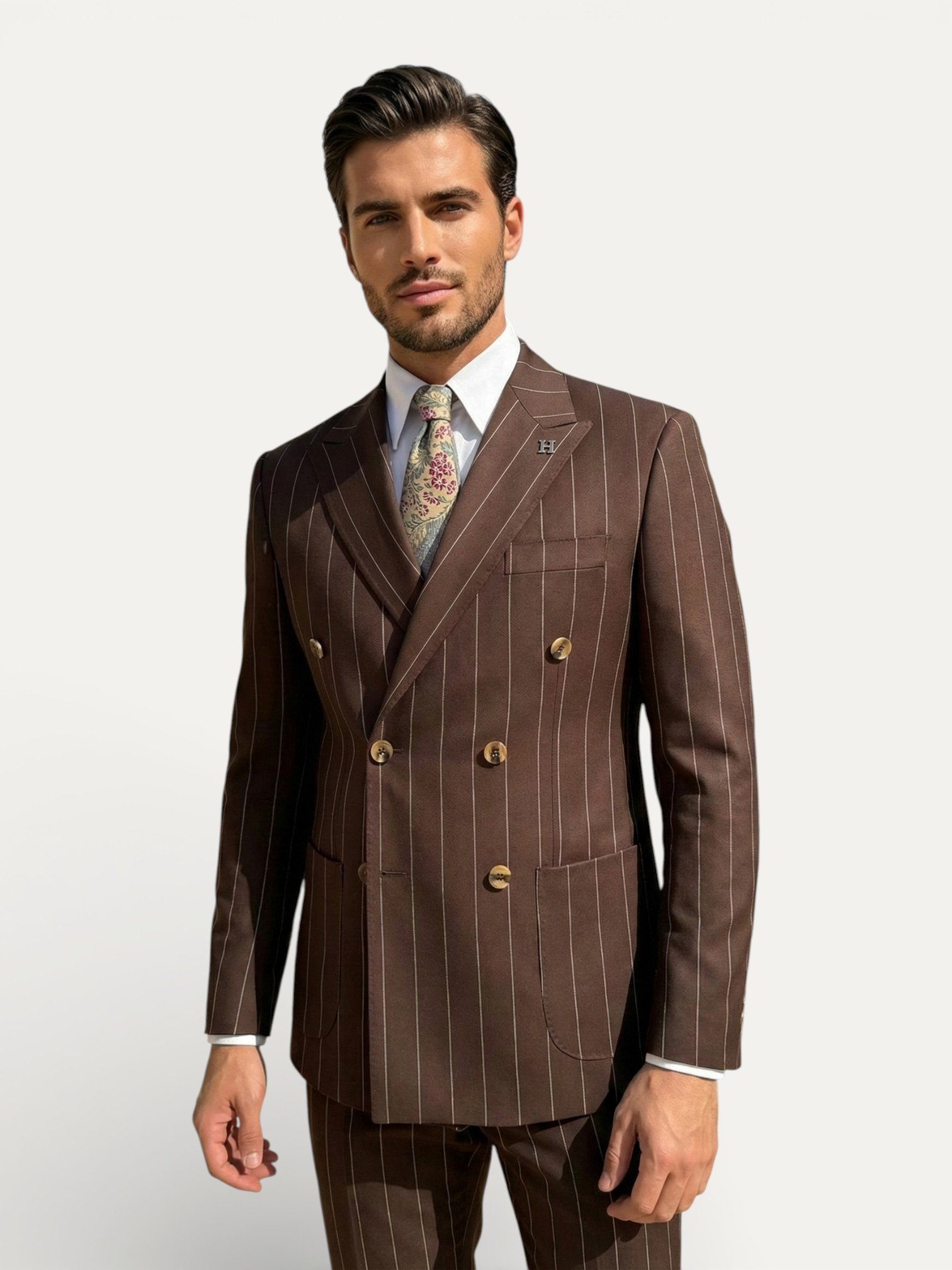 Sartorial | Kahverengi Çizgili Kruvaze Takım Elbise