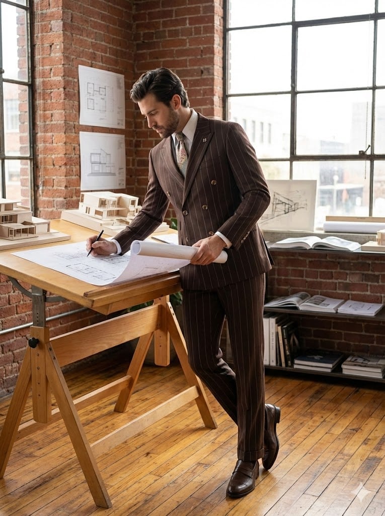 Sartorial | Kahverengi Çizgili Kruvaze Takım Elbise