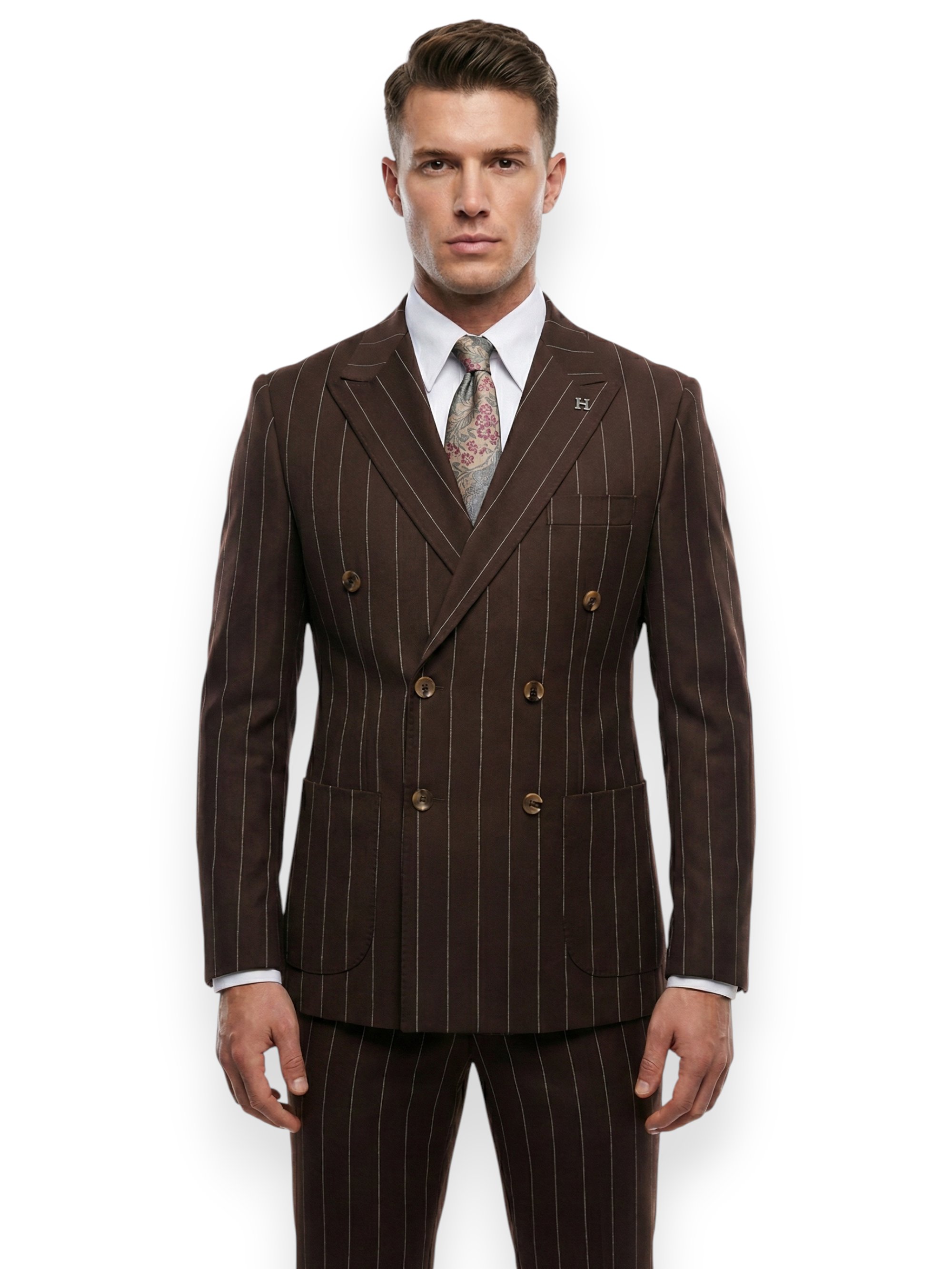 Sartorial | Kahverengi Çizgili Kruvaze Takım Elbise