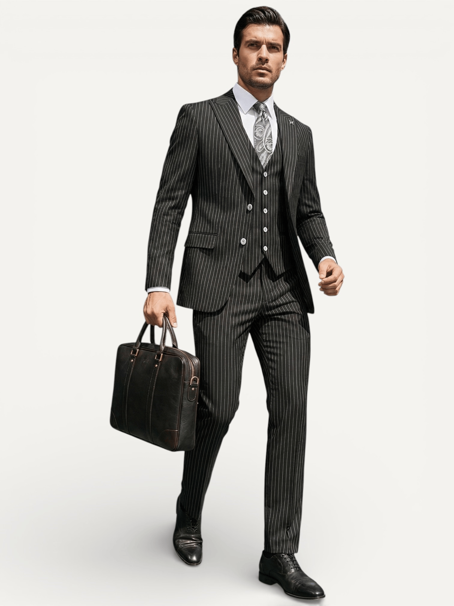 Sartorial | Onyx Siyah Çizgili Yelekli Takım Elbise