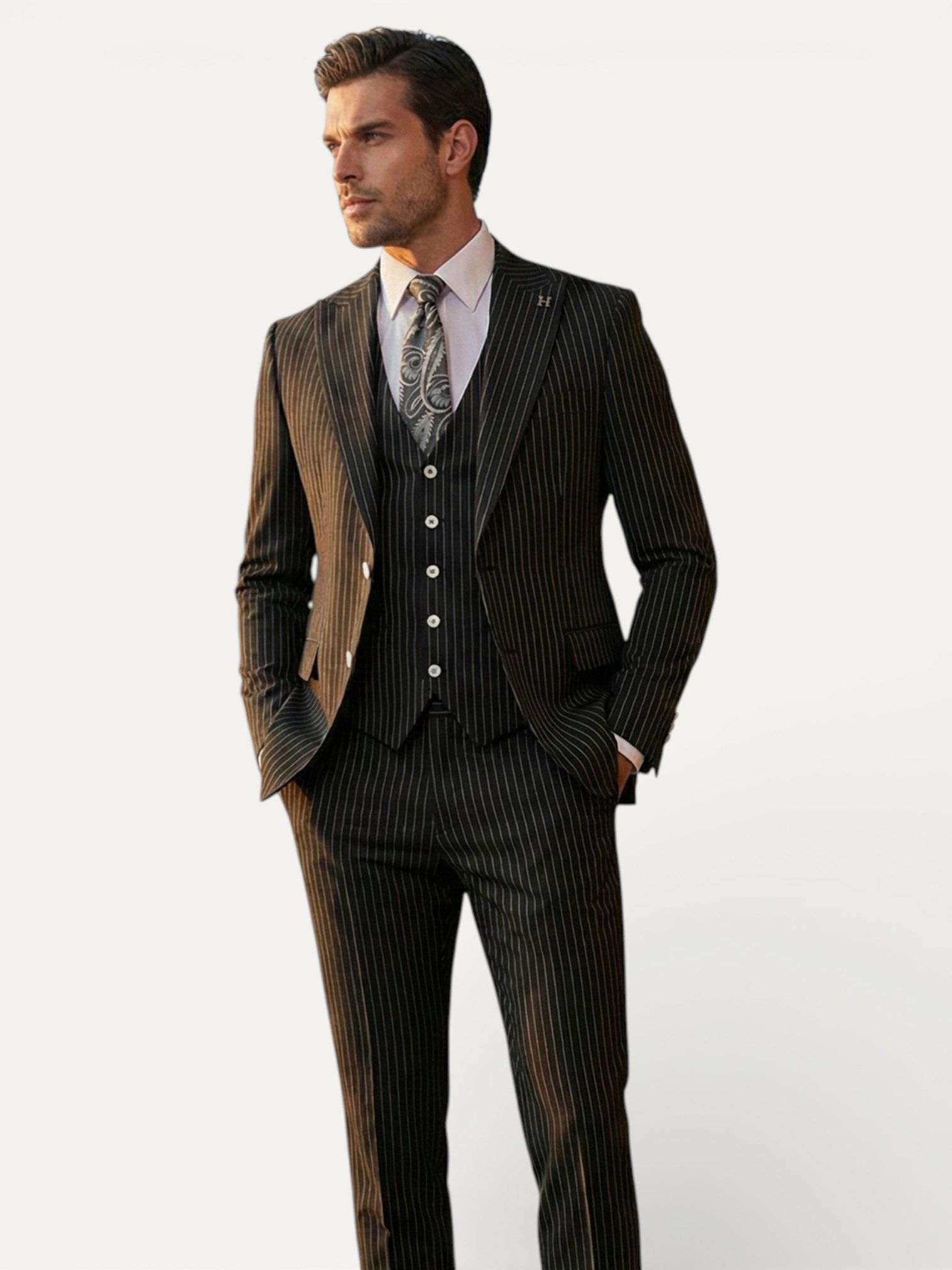 Sartorial | Onyx Siyah Çizgili Yelekli Takım Elbise