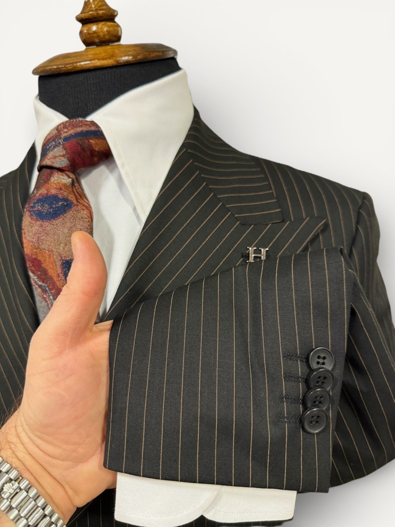 Sartorial | Onyx Siyah Terakota Çizgili Kruvaze Takım Elbise