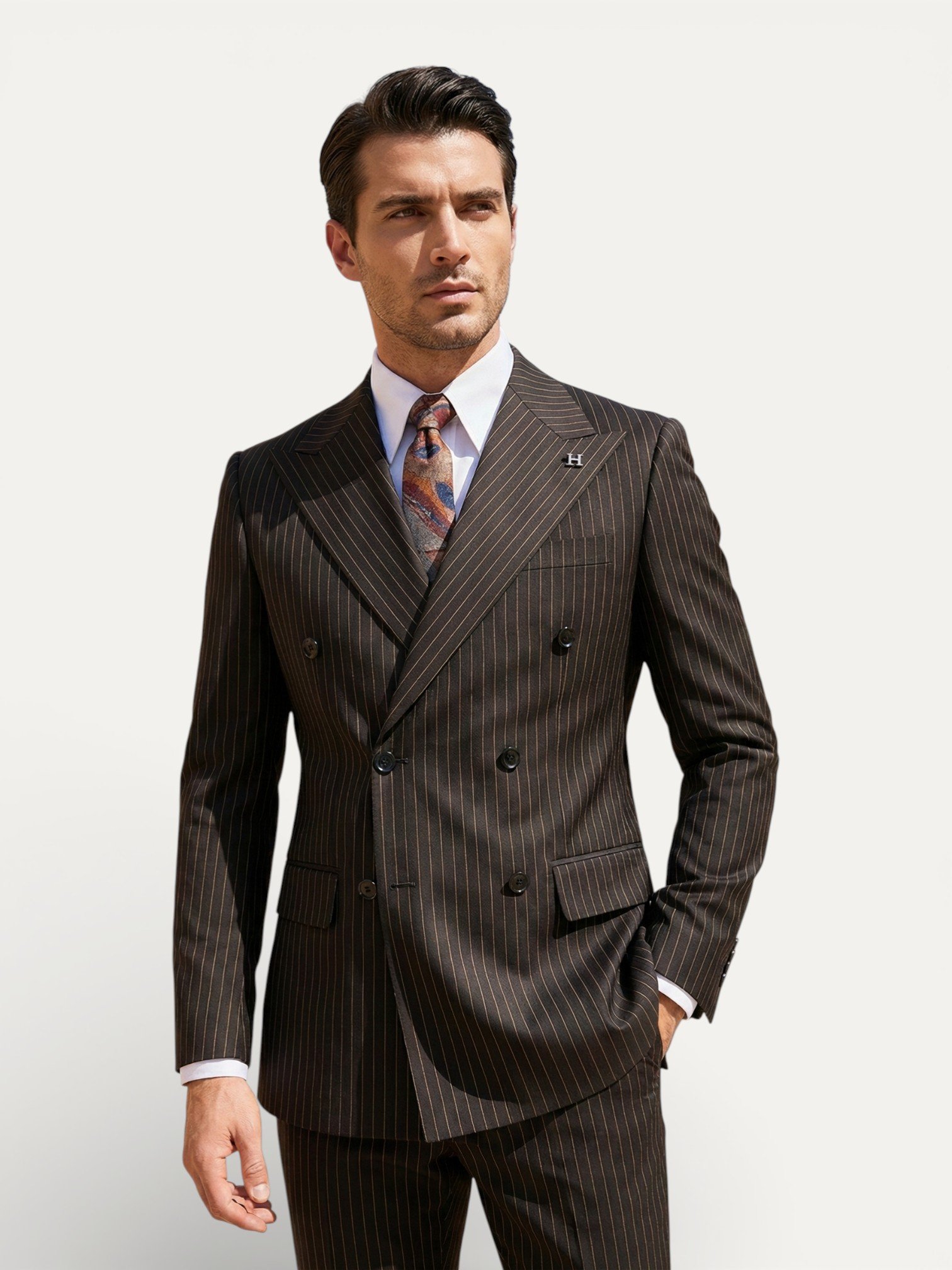 Sartorial | Onyx Siyah Terakota Çizgili Kruvaze Takım Elbise