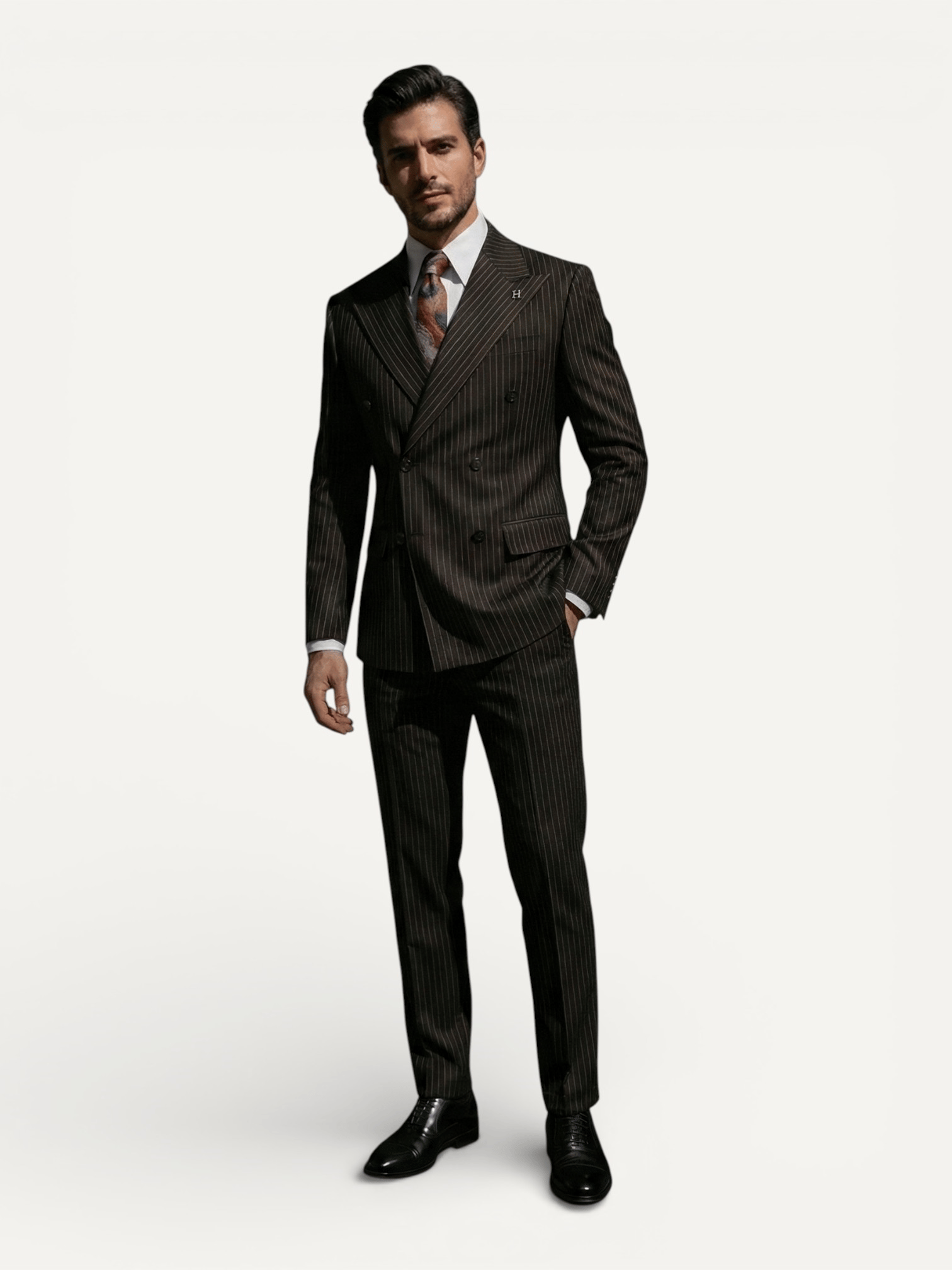 Sartorial | Onyx Siyah Terakota Çizgili Kruvaze Takım Elbise